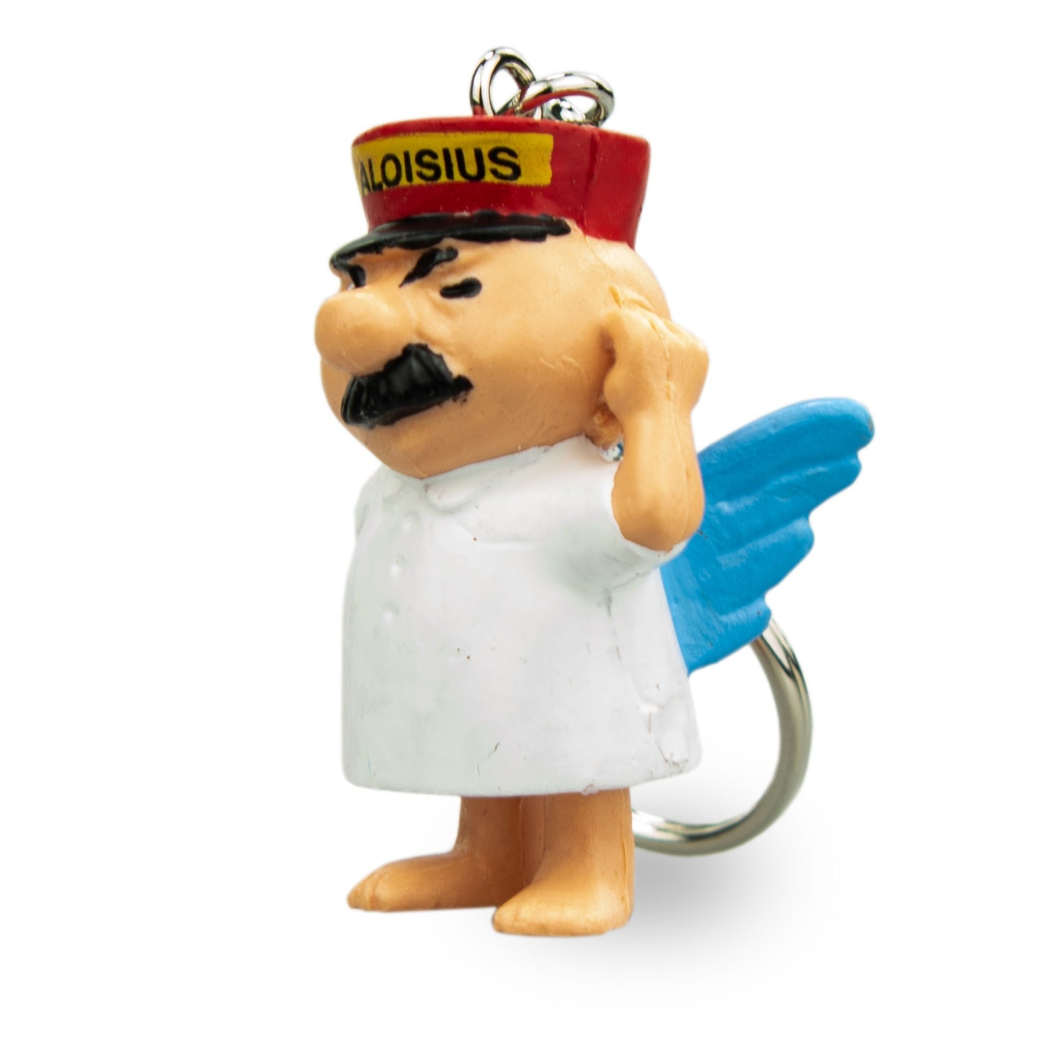 Engel Aloisius Anhänger Schlawuzi, detailreiche Figur mit rotem Hut, blauen Flügeln und Schlüsselring.