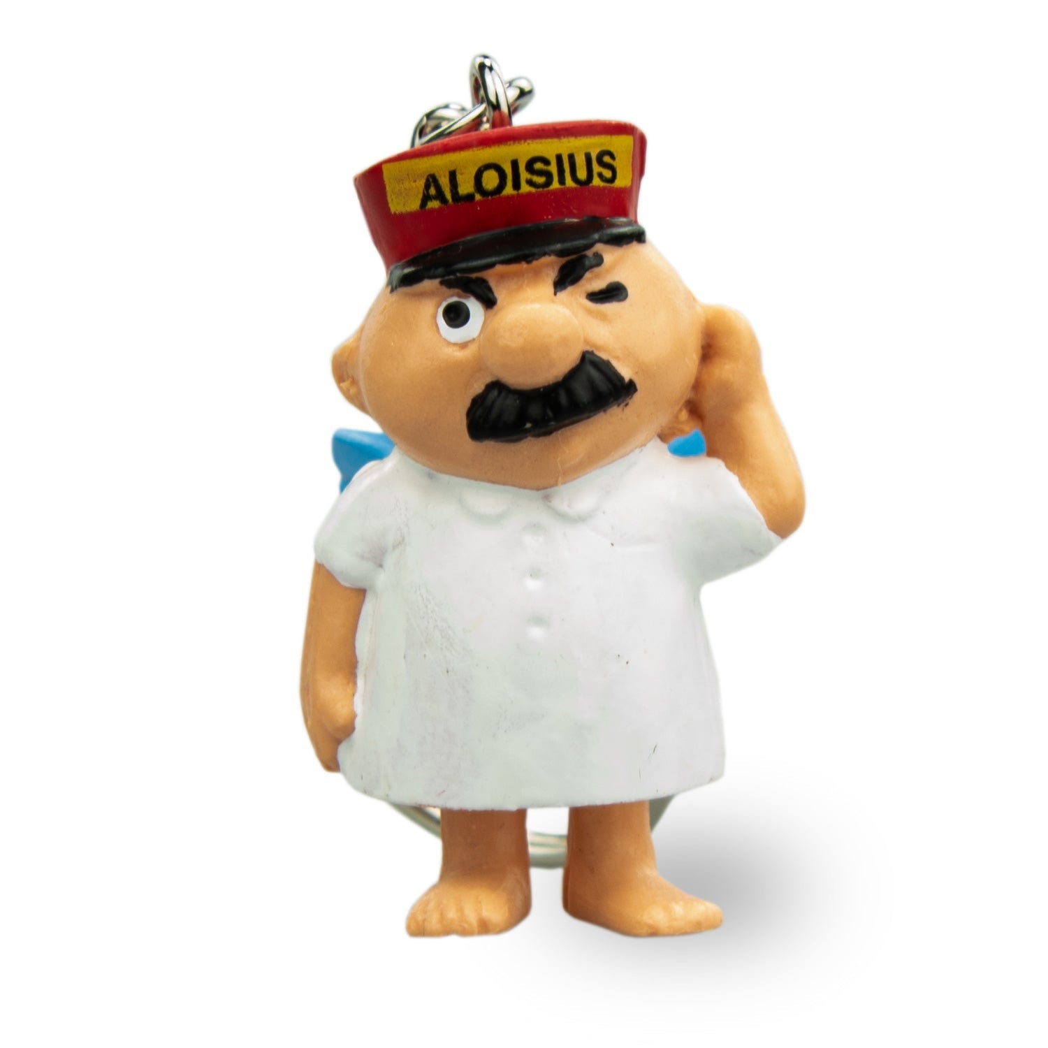 Engel Aloisius Anhänger Schlüsselanhänger Schlawuzi mit rotem Hut, Schnurrbart und Schelmengesicht.