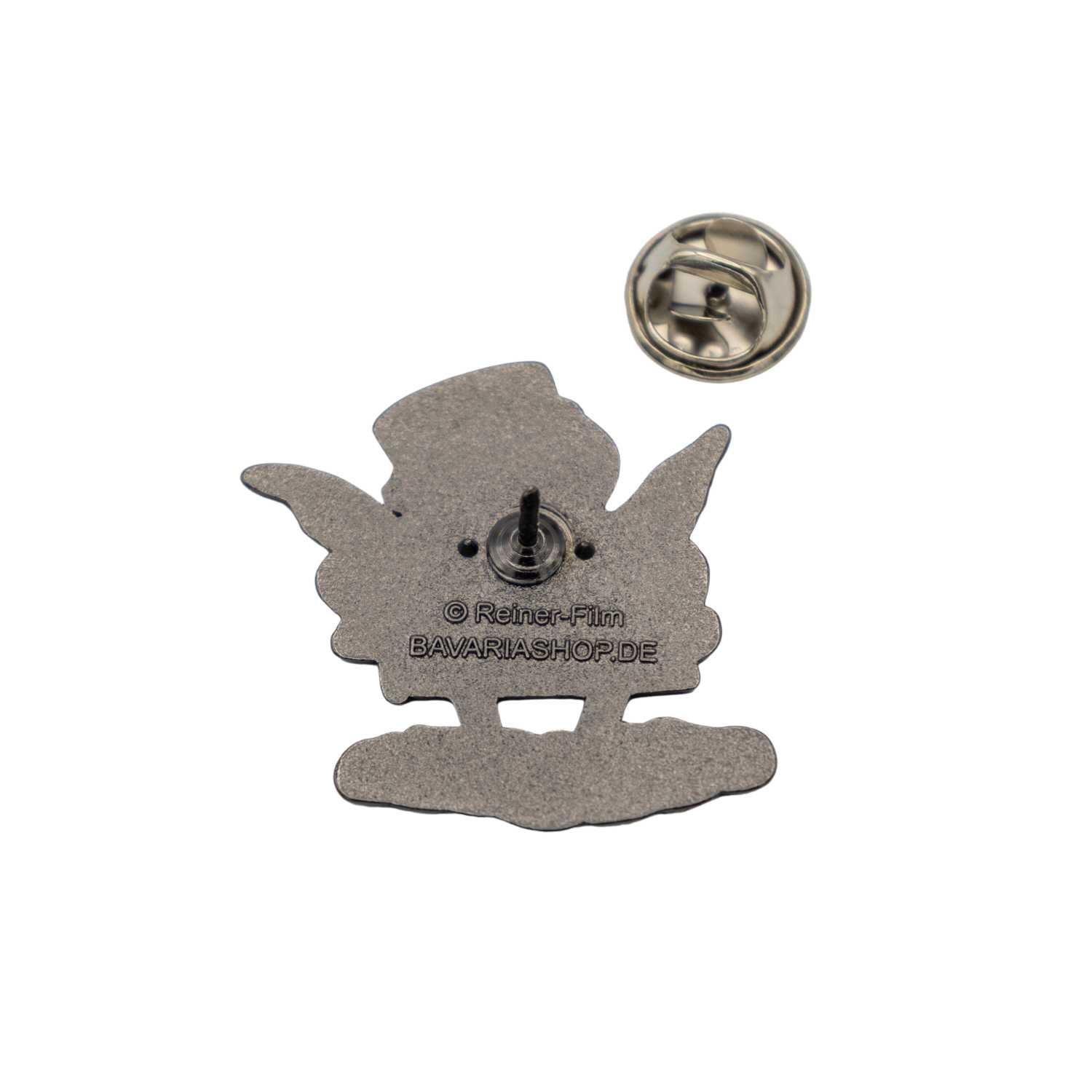 Rückseite des Engel Aloisius Pin "Luhja" mit Schmetterlingsverschluss und Schriftzug.