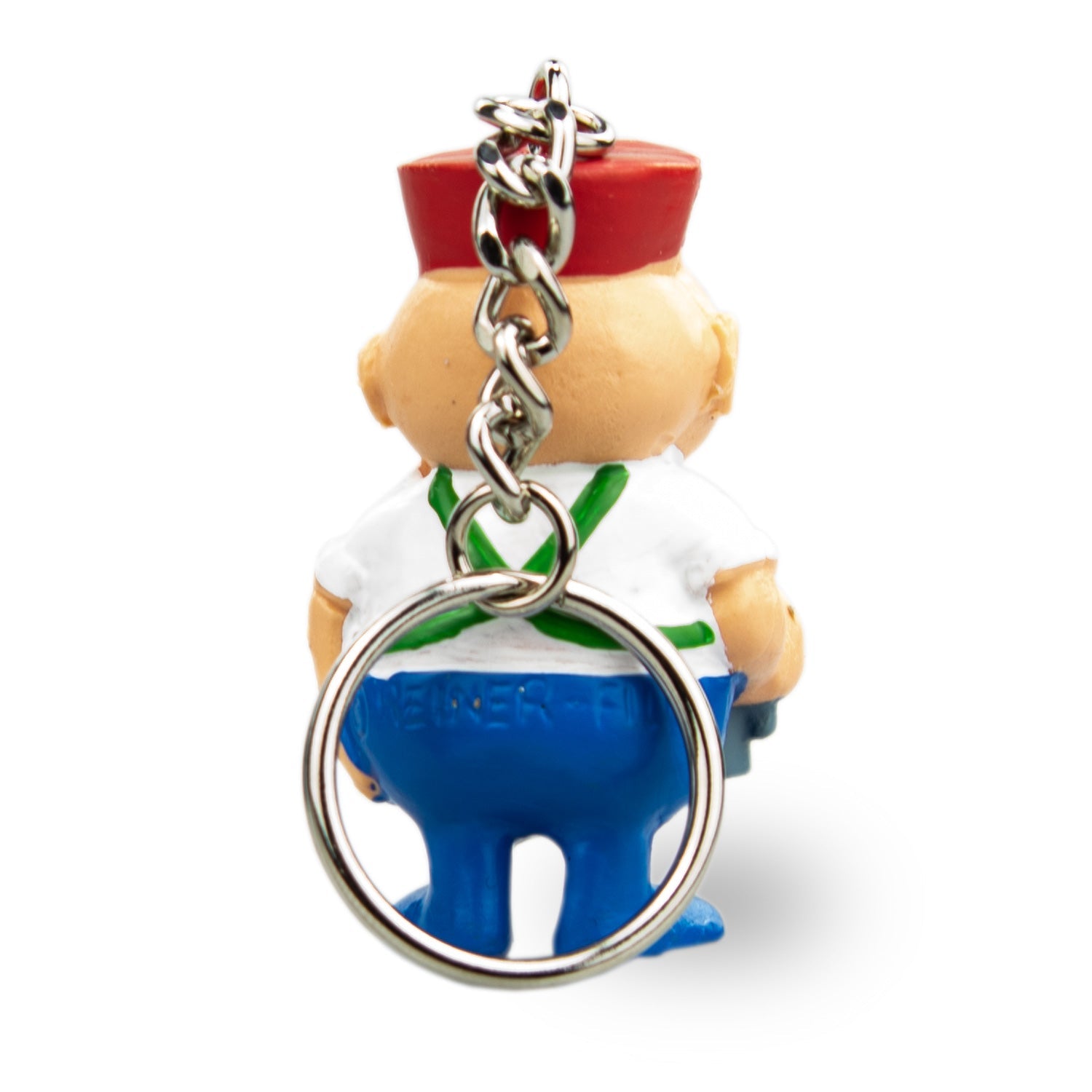 Rückansicht des Engel Aloisius Anhänger Biertrinker Schlüsselanhängers mit rotem Hut und blauer Hose