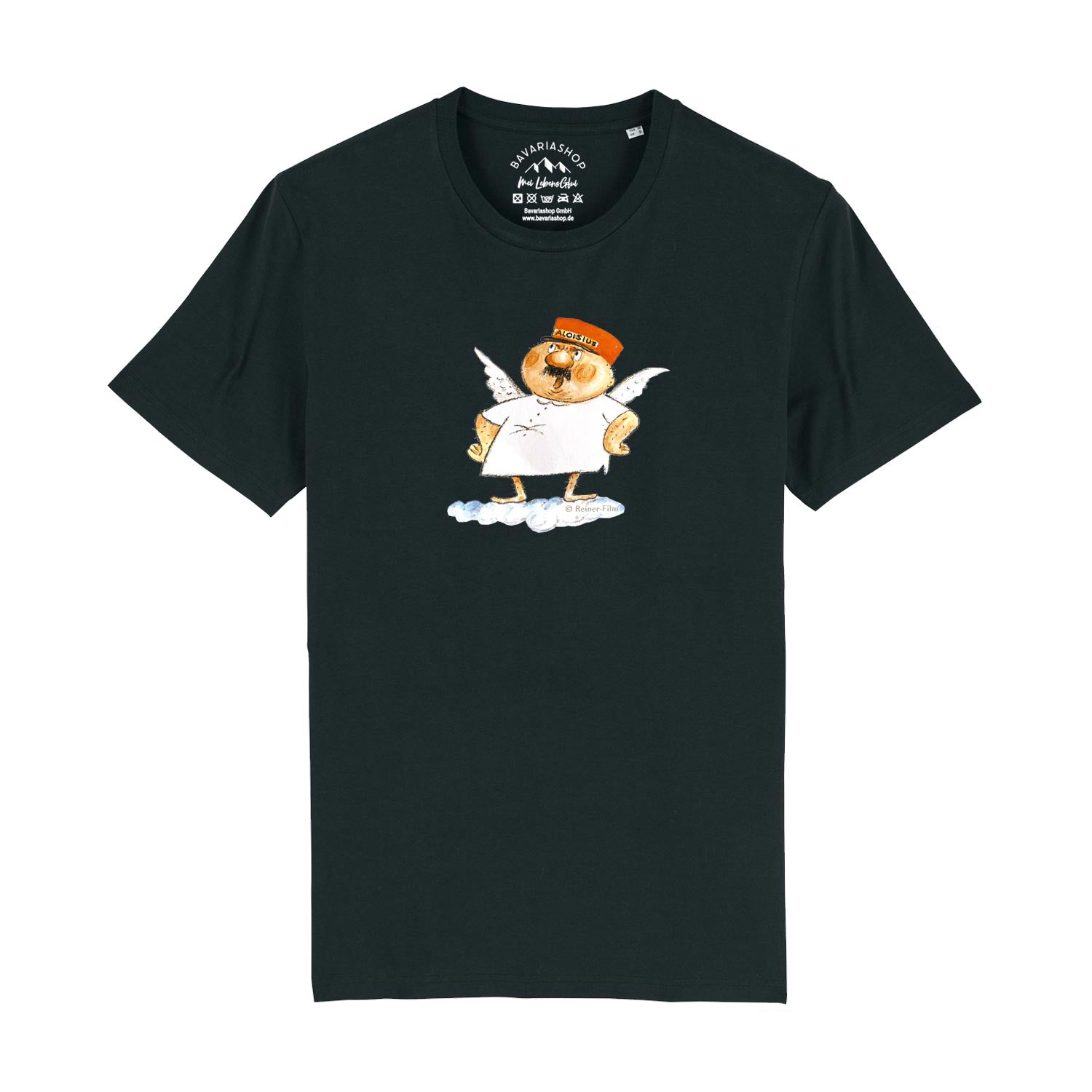 Dunkelgraues Engel Aloisius Herren T-Shirt Grantlhuaba mit Cartoon-Engel auf Wolke in Frontansicht.