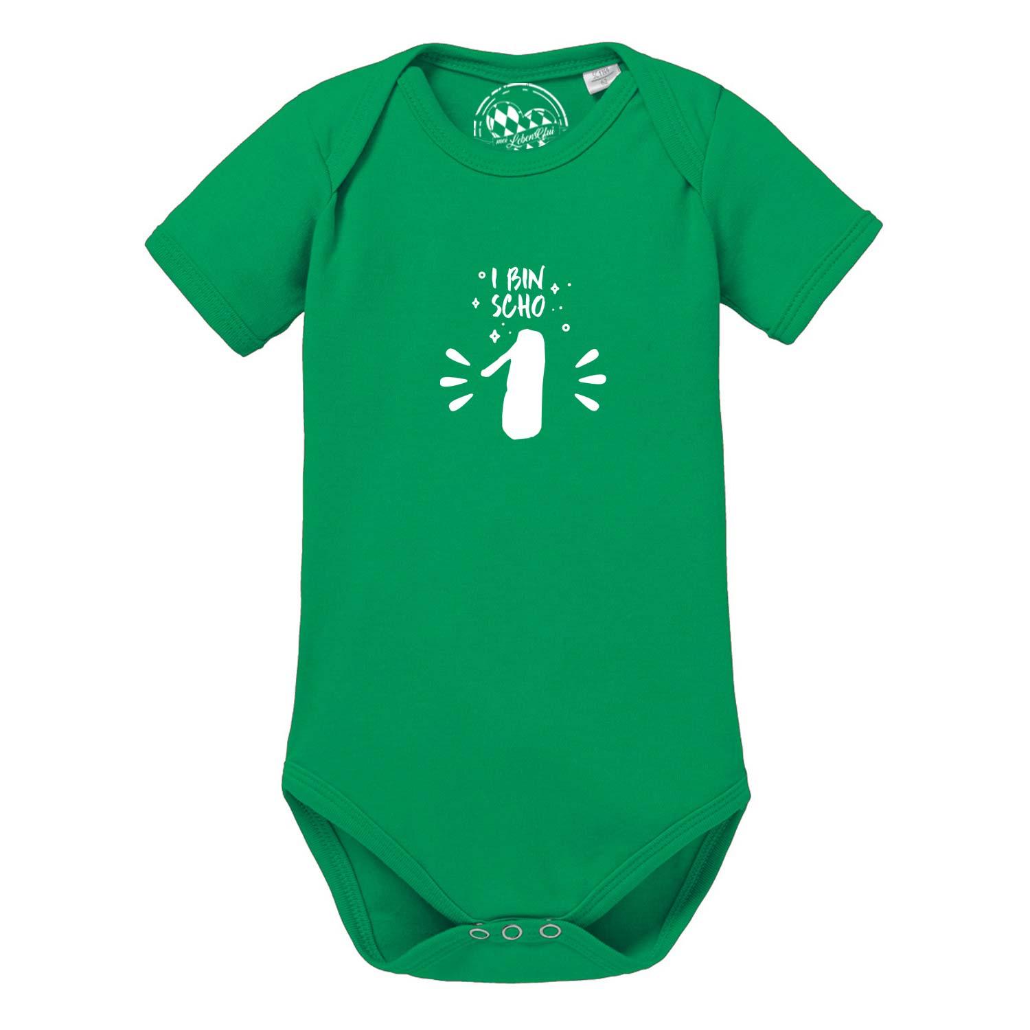 Grüner Baby Body I bin scho 1 mit weißem Aufdruck zum ersten Geburtstag, weiche Bio-Baumwolle