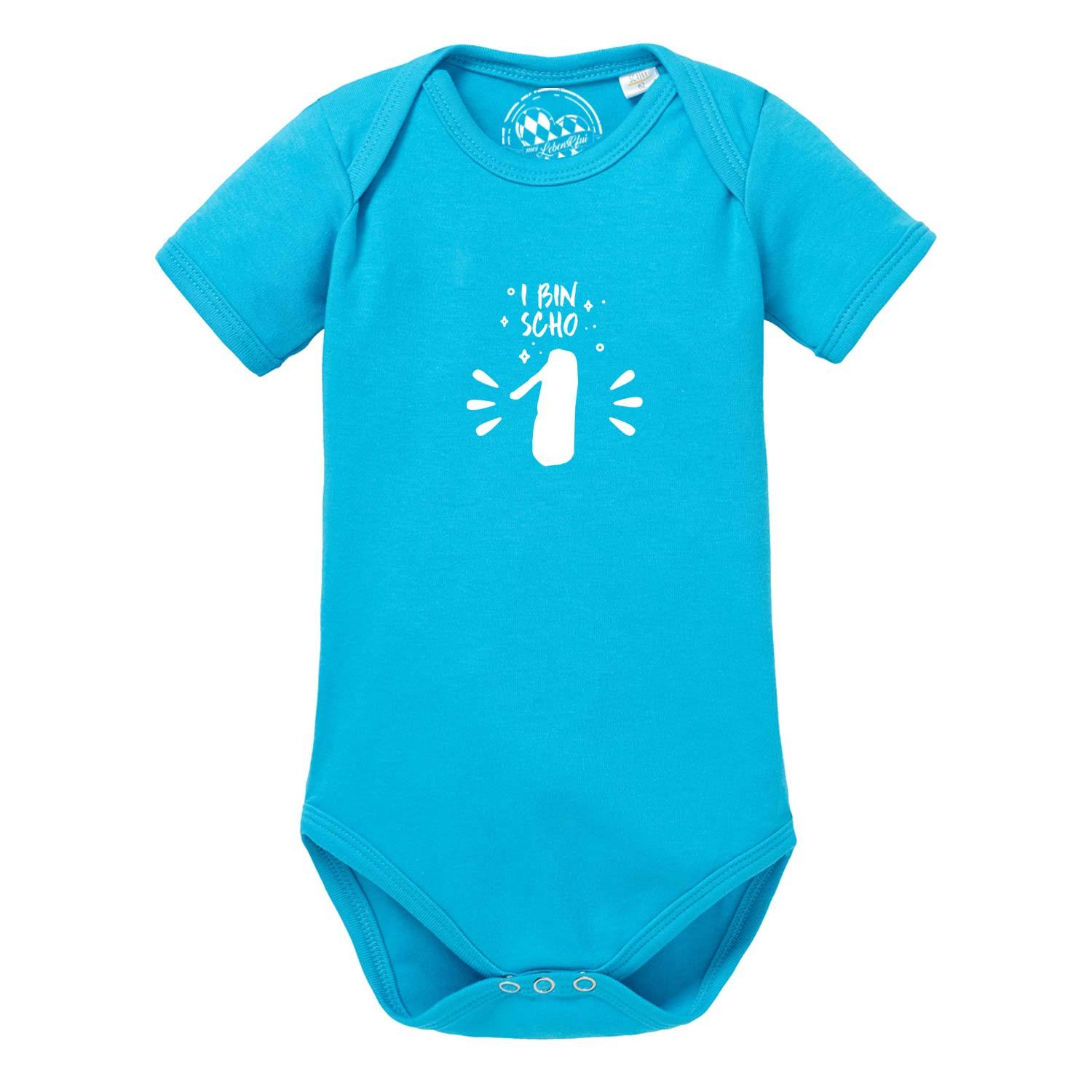 Baby Body I bin scho 1 in leuchtendem Türkis mit weißem Aufdruck zum ersten Geburtstag
