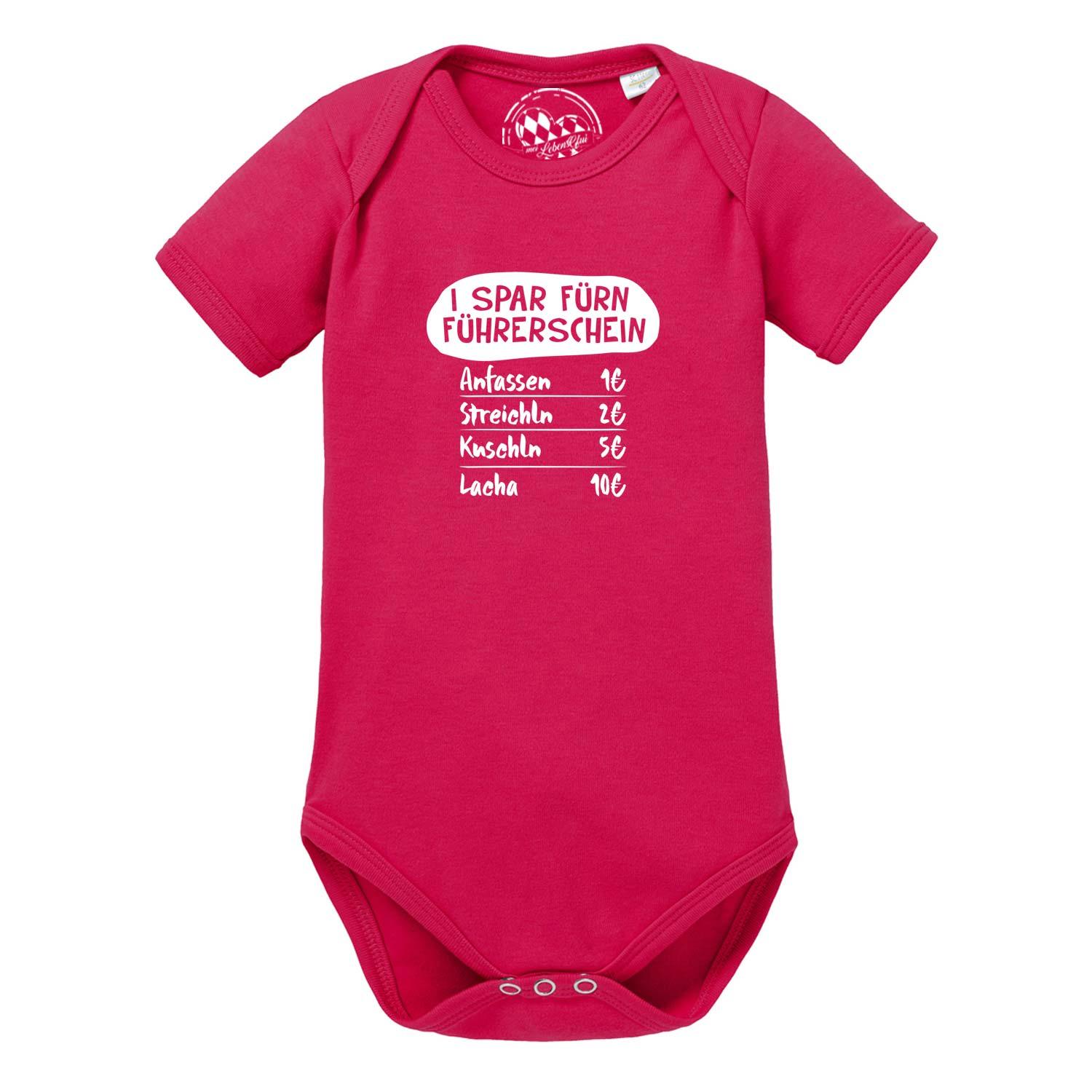 Baby Body Führerschein Pink mit Aufschrift I SPAR FÜRN FÜHRERSCHEIN für Jungen und Mädchen.