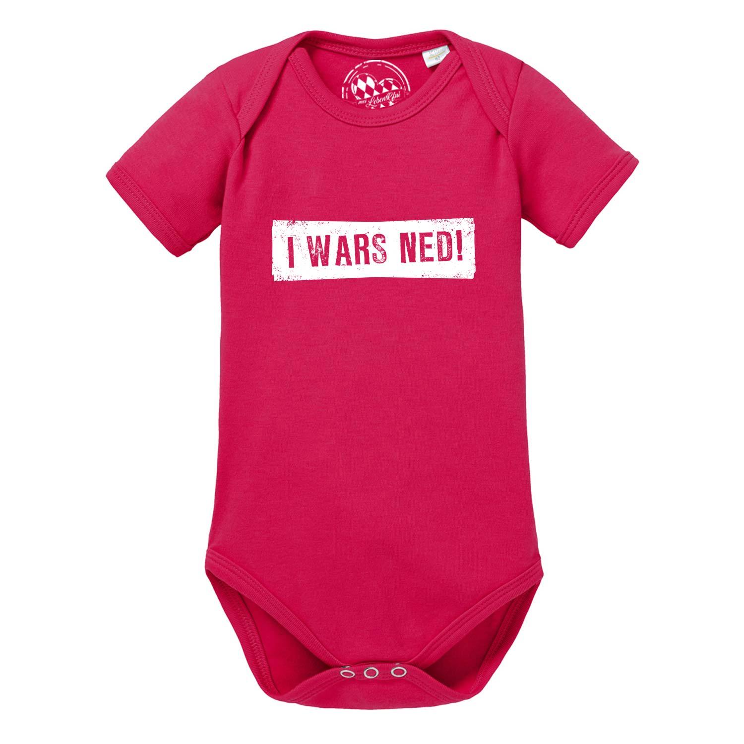 Gerber Baby Body "I wars ned!" in leuchtendem Pink mit weißem Schriftzug, kurzärmelig, von oben.