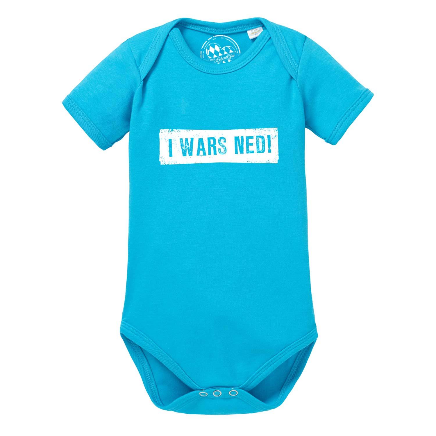 Baby Body I wars ned! in leuchtendem Türkis mit weißem Schriftzug, kurzärmlig und drei Druckknöpfen.