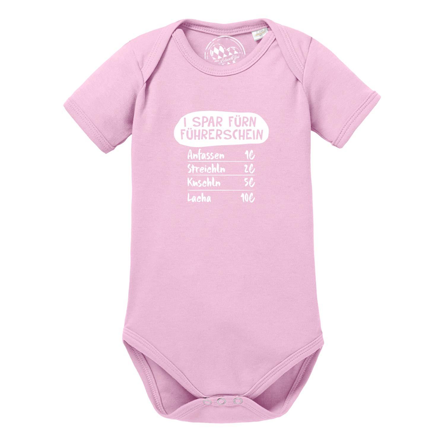 Rosa Baby Body fürn Führerschein mit lustigem Spruch und Preisliste für Anfassen, Streicheln, Kuscheln, Lachen.