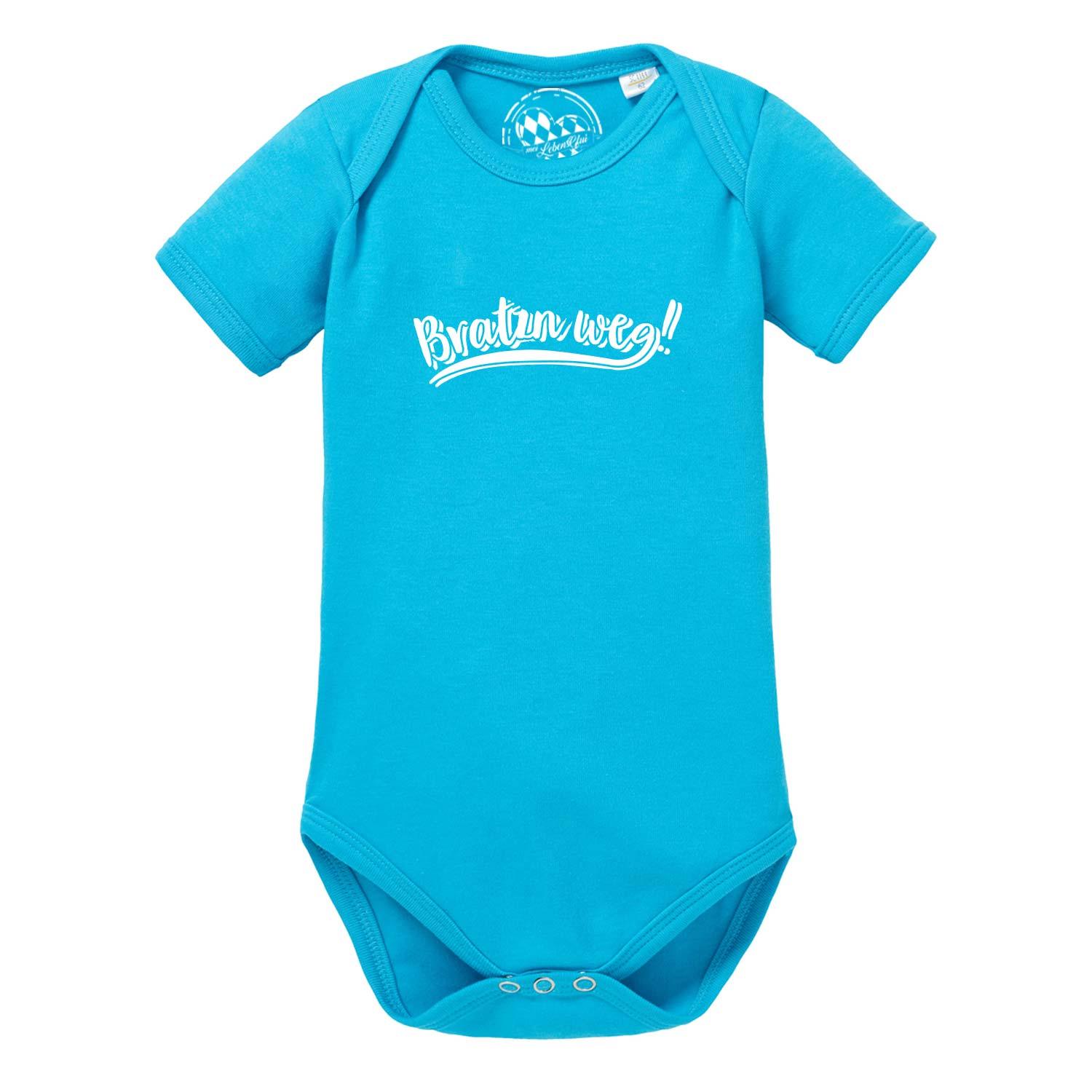 Weißer Babybody mit kurzem Arm und schwarzem Aufdruck „Bratzn weg“, Rundhalsausschnitt, aus Baumwolle.