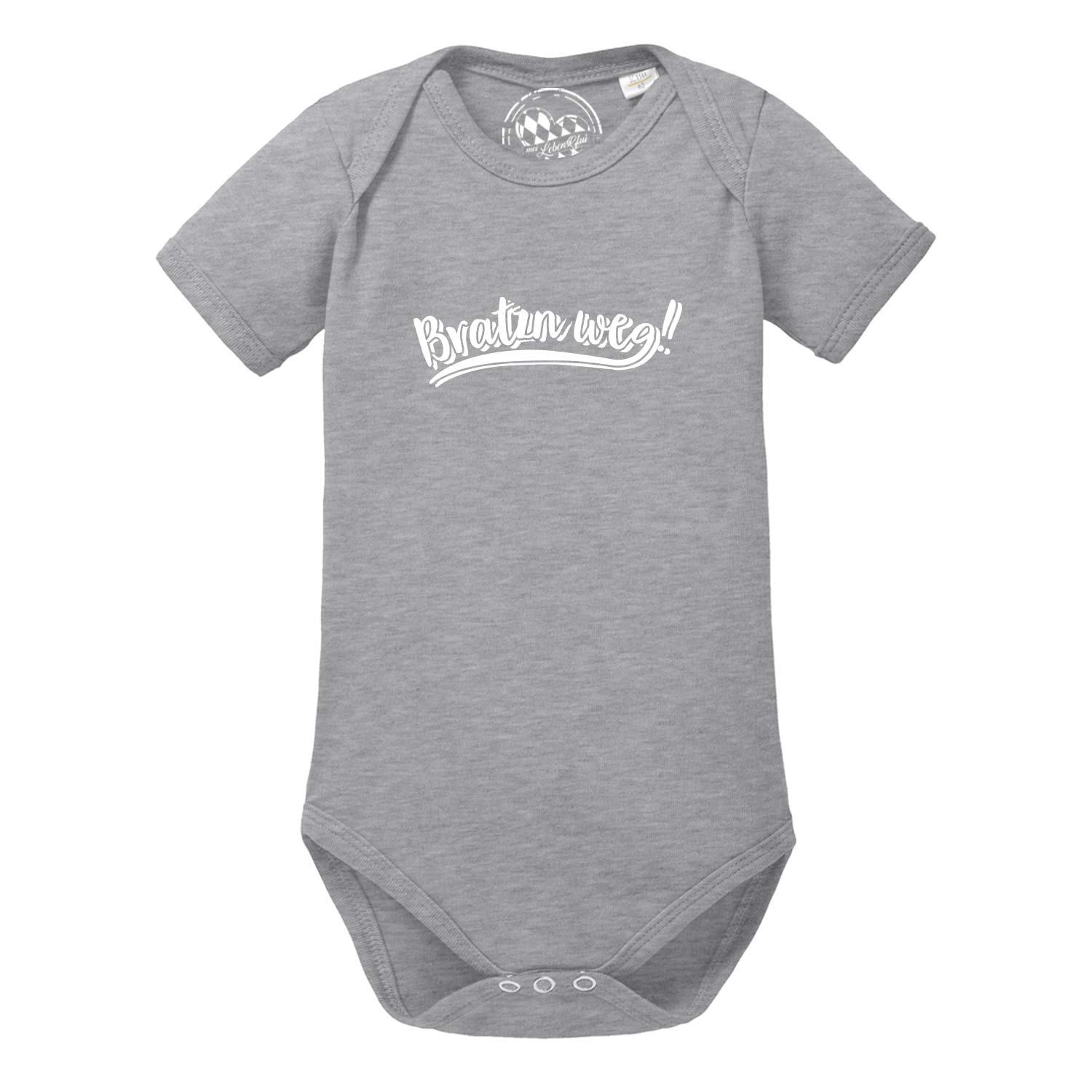 Grauer Baby Body Bratzn weg aus Baumwolle mit kurzem Arm, Druckknopfverschluss und weißem Schriftzug.
