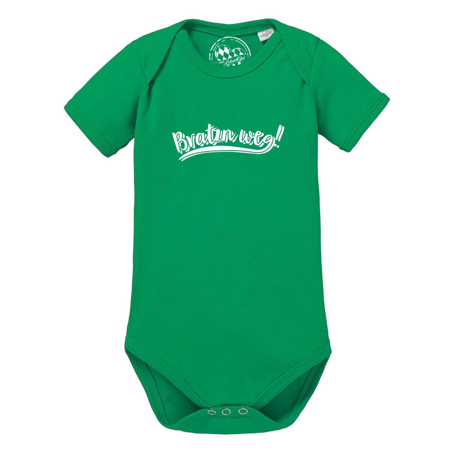 Grüner Baby Body "Bratzn weg" mit weißem Schriftzug und Druckknöpfen im Schritt, weiche Baumwolle.