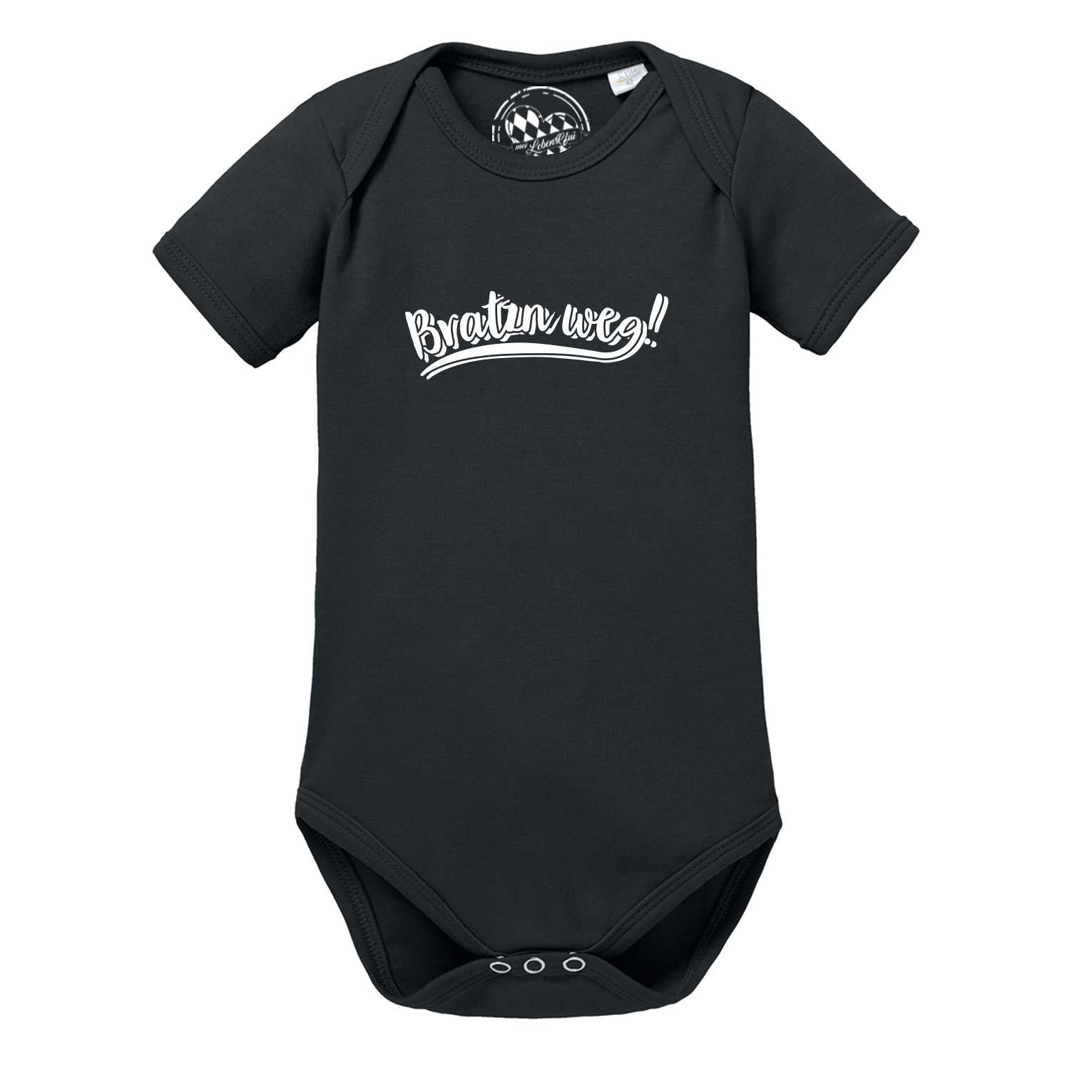 Schwarzer Baby Body "Bratzn weg" aus weicher Baumwolle mit weißem Schriftzug und Druckknöpfen im Schritt.