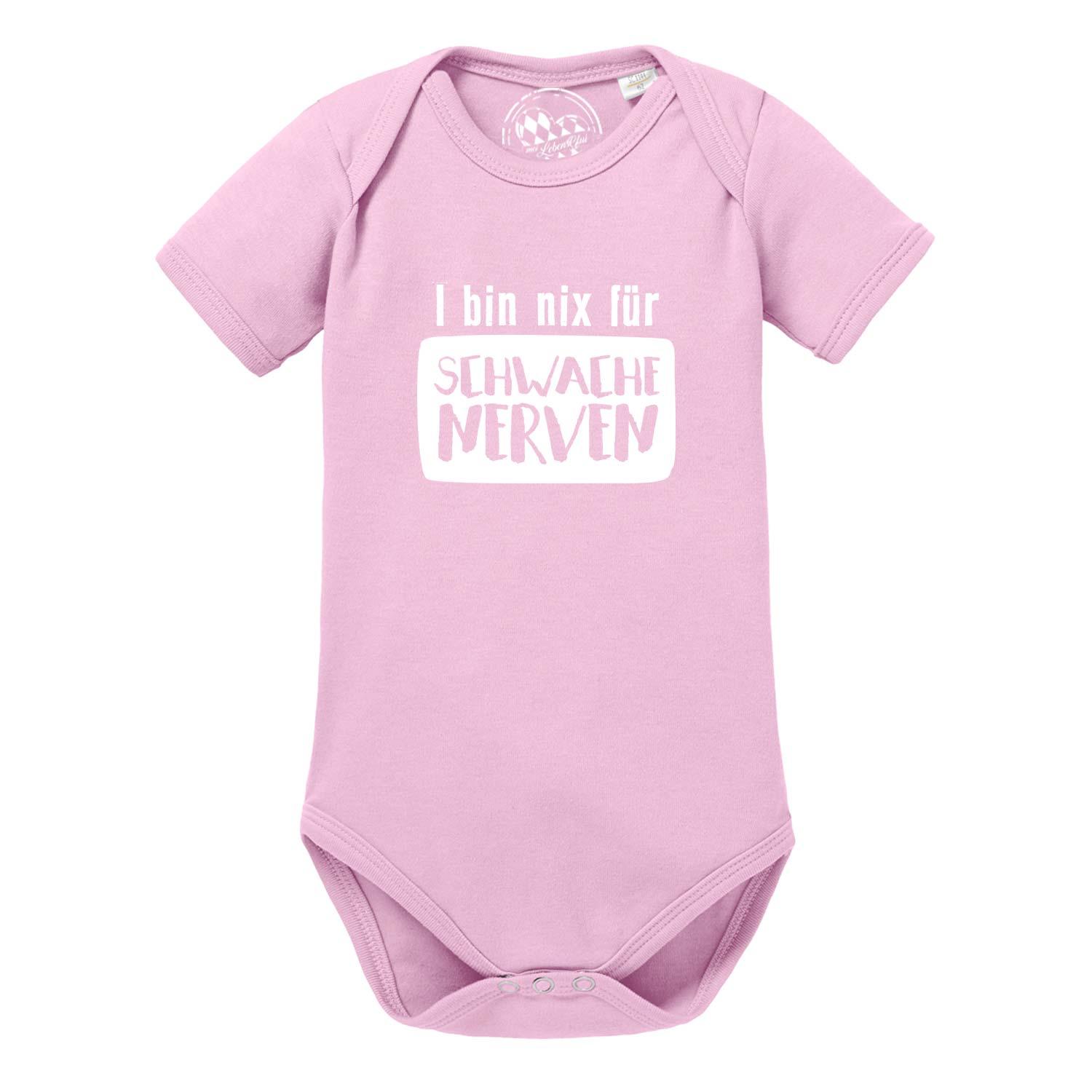 Weißer Babybody mit kurzem Arm, schwarzem Print „für schwache Nerven“ und Herzsymbol auf der Brust; aus Baumwolle.