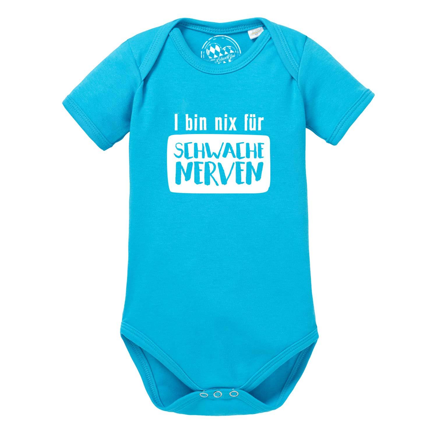 Weißer Babybody mit kurzem Arm und schwarzem Print „für schwache Nerven“, weiche Baumwolle, runder Halsausschnitt.