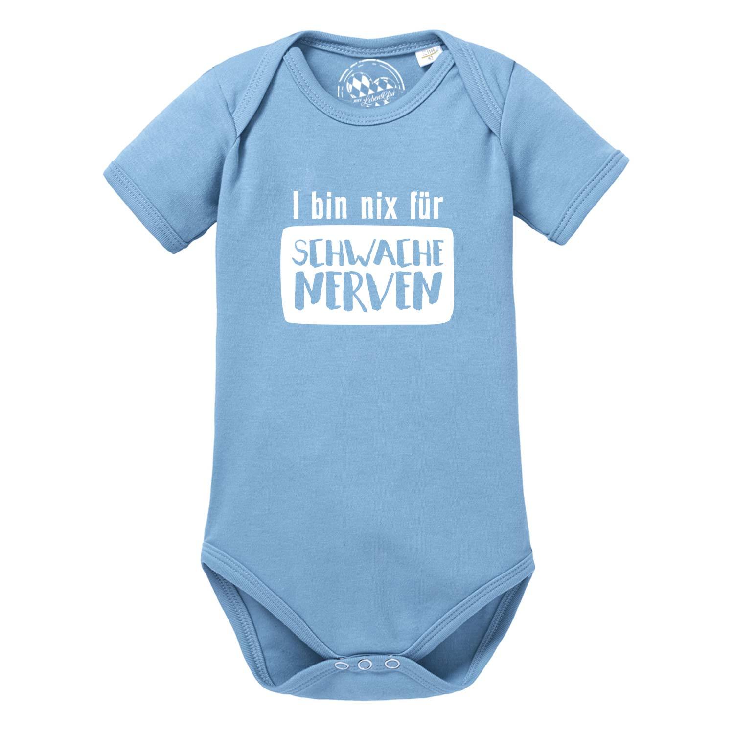 Weißer Babybody mit kurzen Ärmeln, schwarzem Aufdruck „für schwache Nerven“ und Herzmotiv, aus Baumwolle.