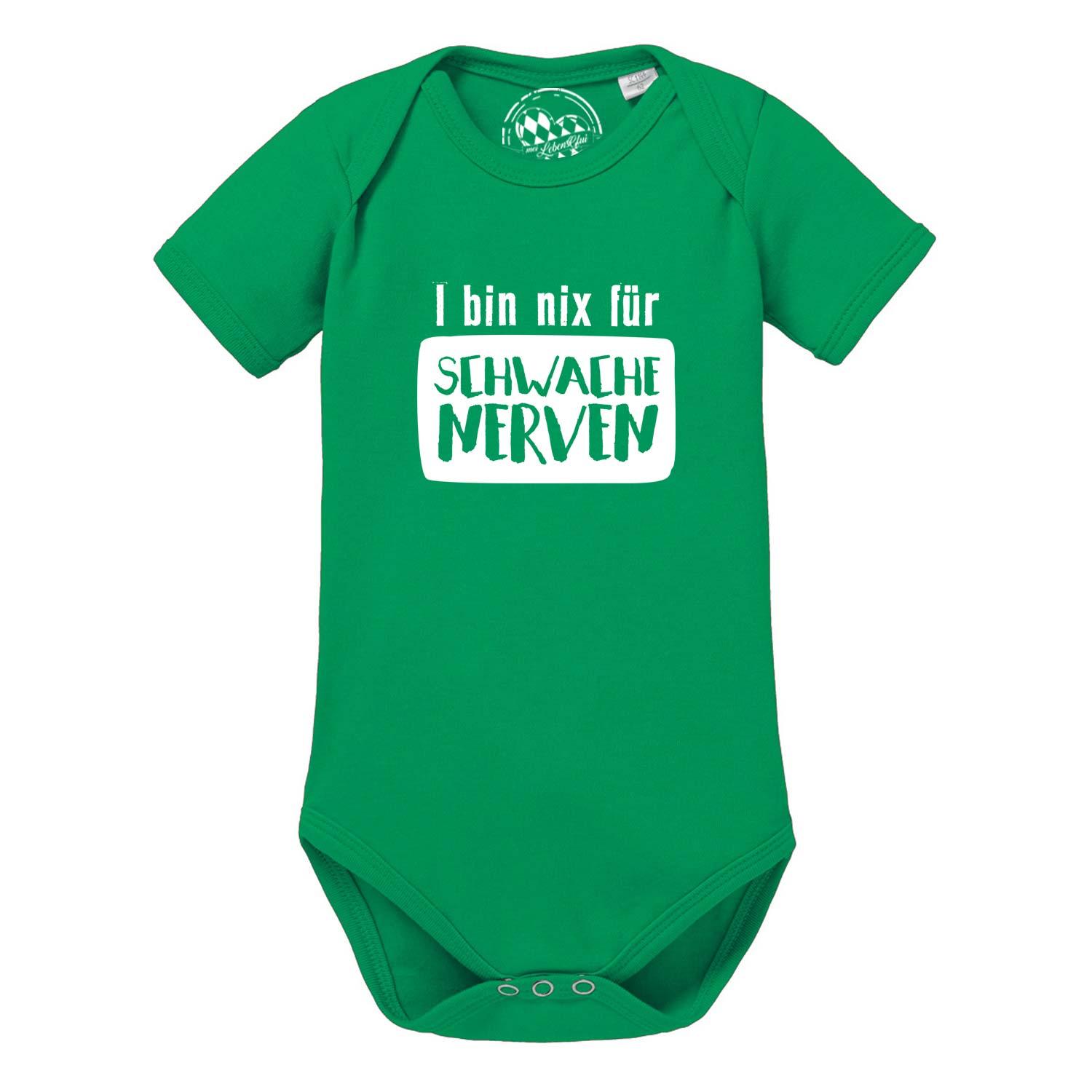 Weißer Baby-Body mit kurzem Arm, schwarzem Schriftzug „für schwache Nerven“ und Herzsymbol; aus Baumwolle.