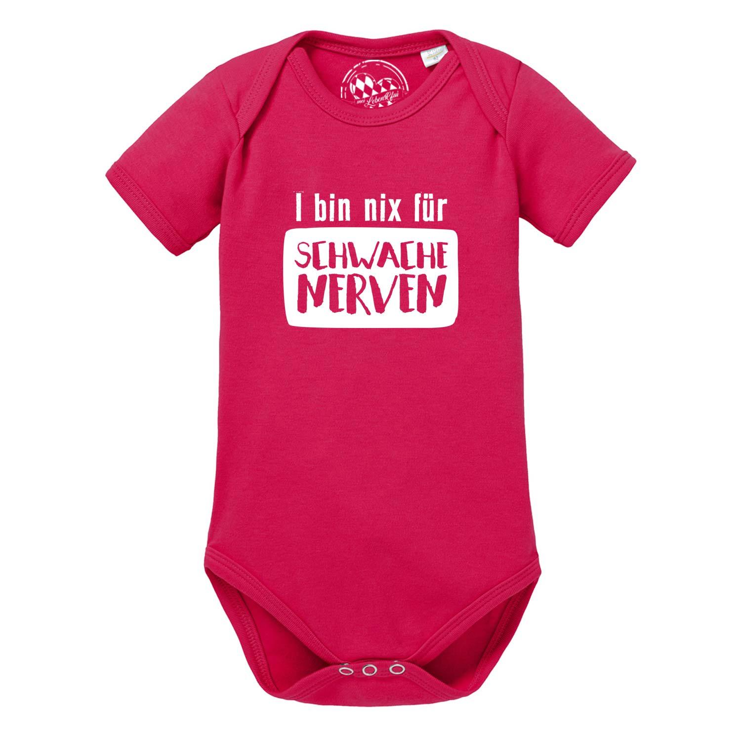 Weißer Babybody mit schwarzem Schriftzug „für schwache Nerven“ und rotem Herz, aus weicher Baumwolle.