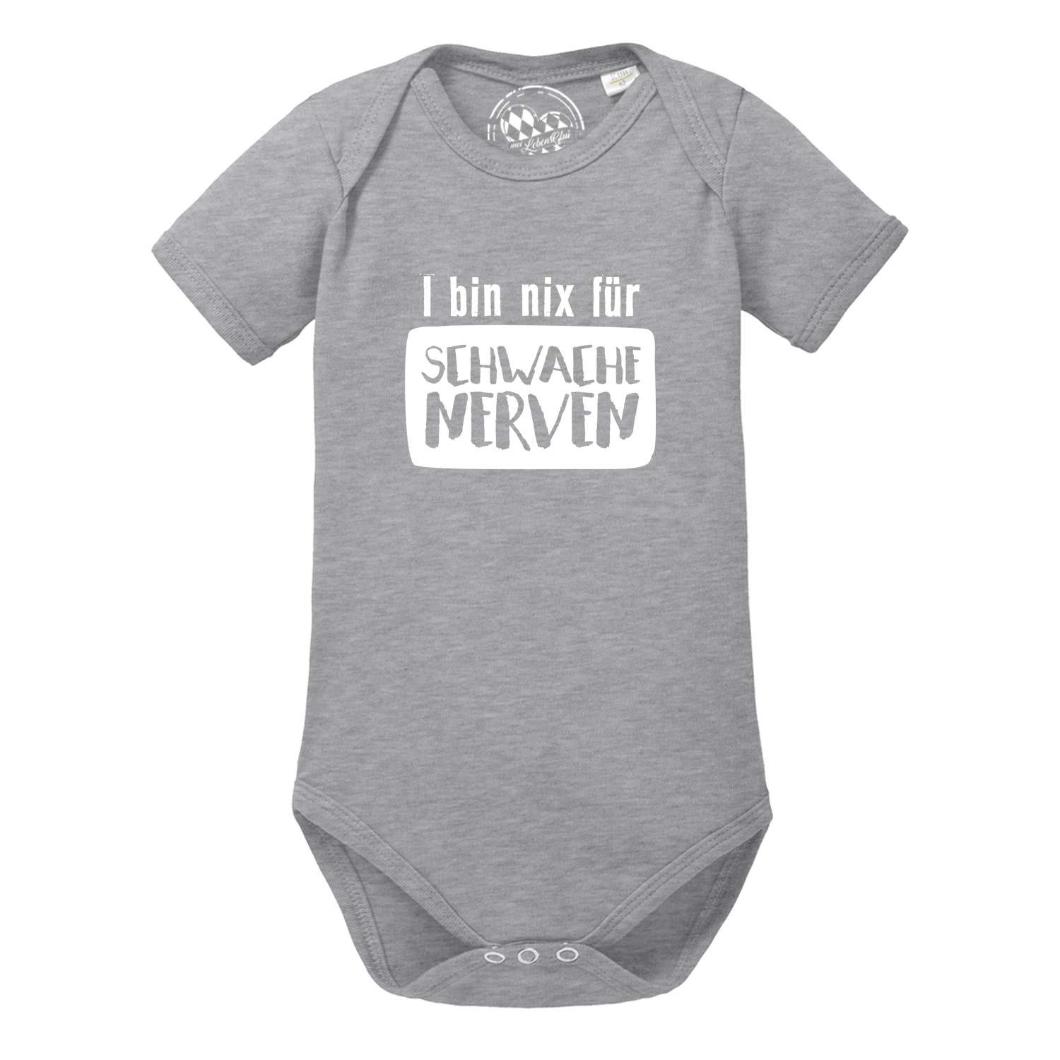 Weißer Babybody mit kurzen Ärmeln, schwarzem Schriftzug „für schwache Nerven“ und Rundhalsausschnitt. Baumwolle.