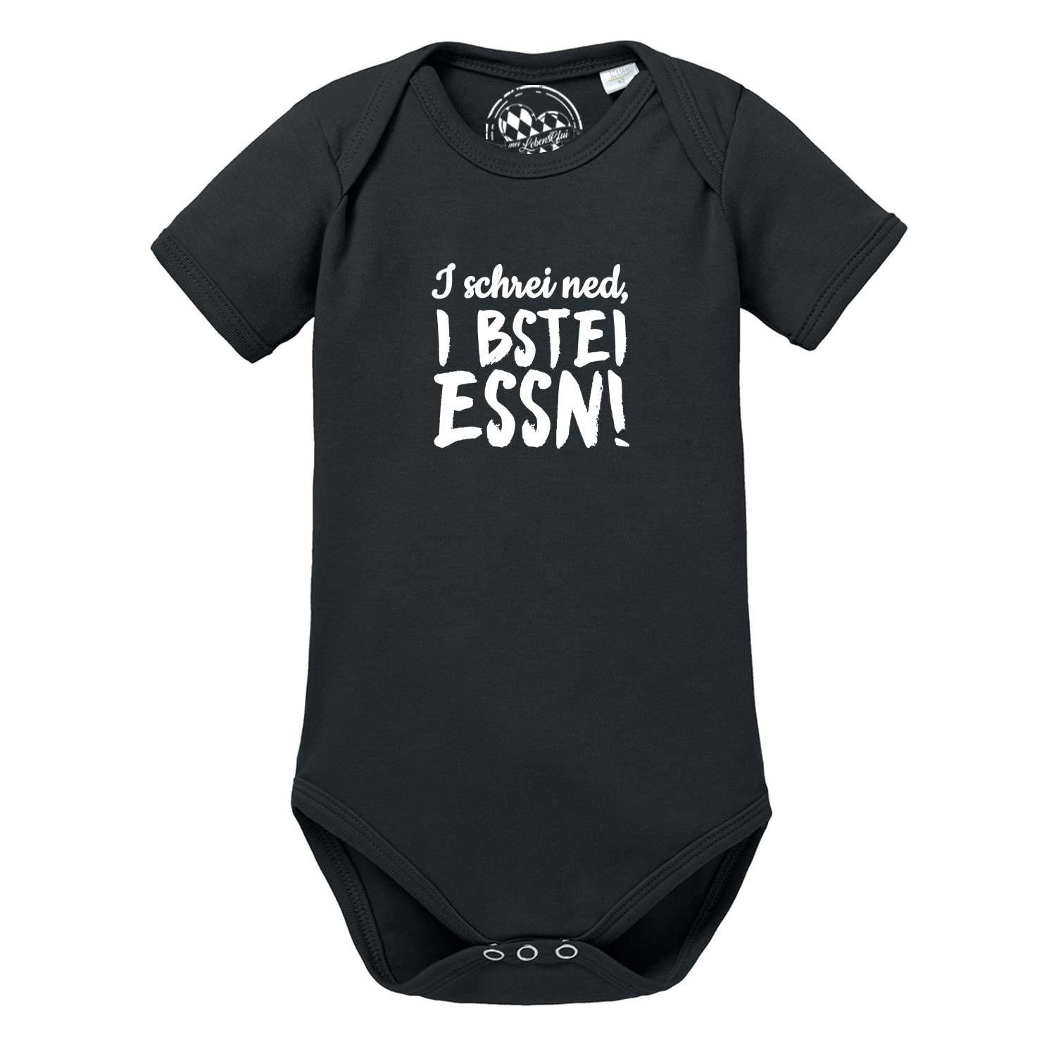 Hellgrauer Babybody mit kurzem Arm und dunkelblauem Aufdruck „I bstei essn“, aus weicher Baumwolle.