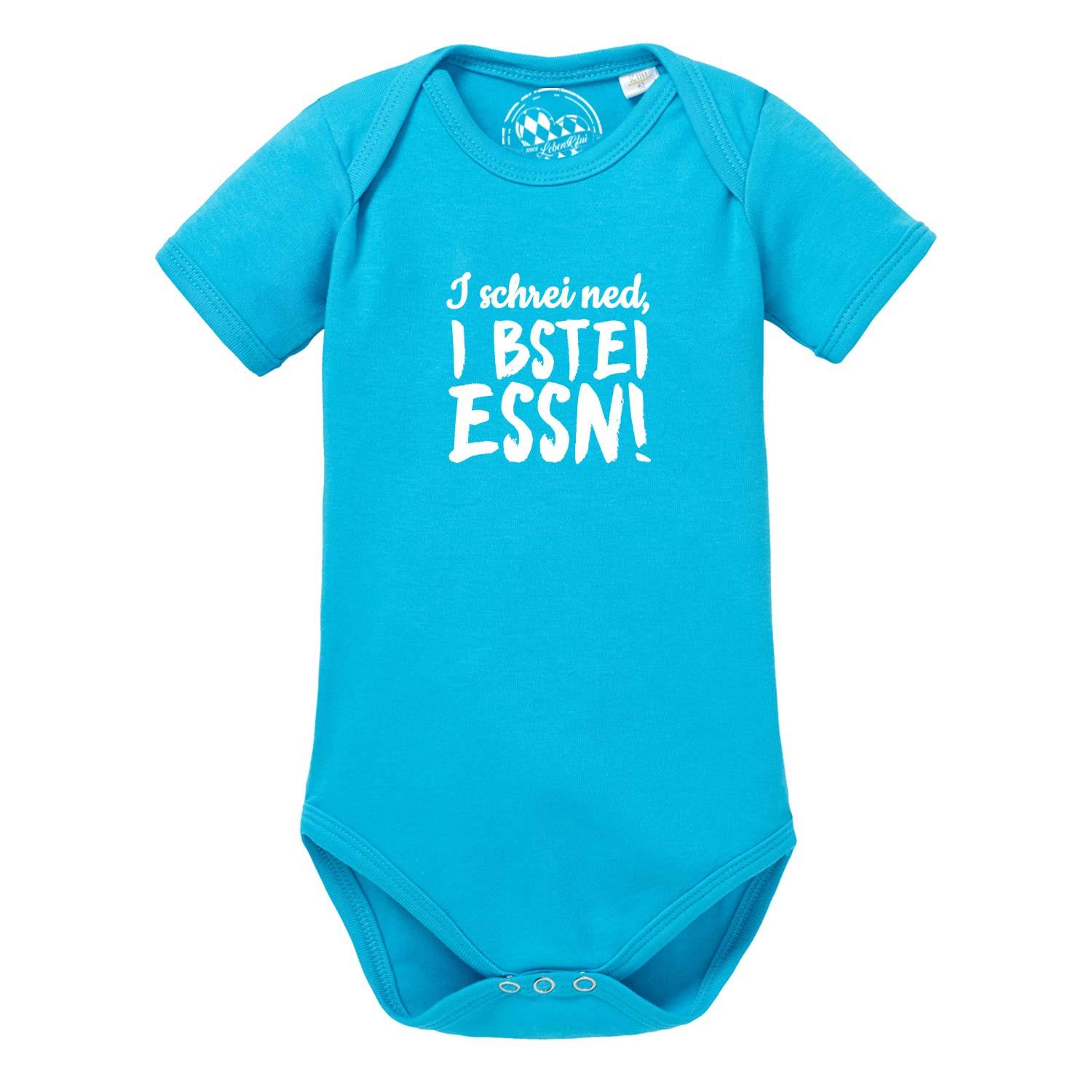 Weißer Babybody mit kurzem Arm, bayrischem Motiv "I bstei Essn" und Herzdruck; aus weicher Baumwolle.