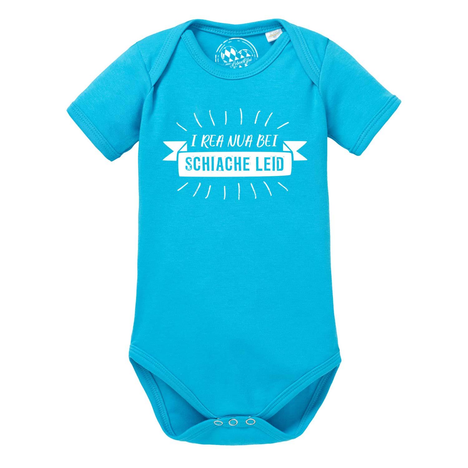 Weißer Baby-Body mit kurzem Arm, Frontdruck „I rea nua“ in Grau, Rundhalsausschnitt, aus weicher Baumwolle.