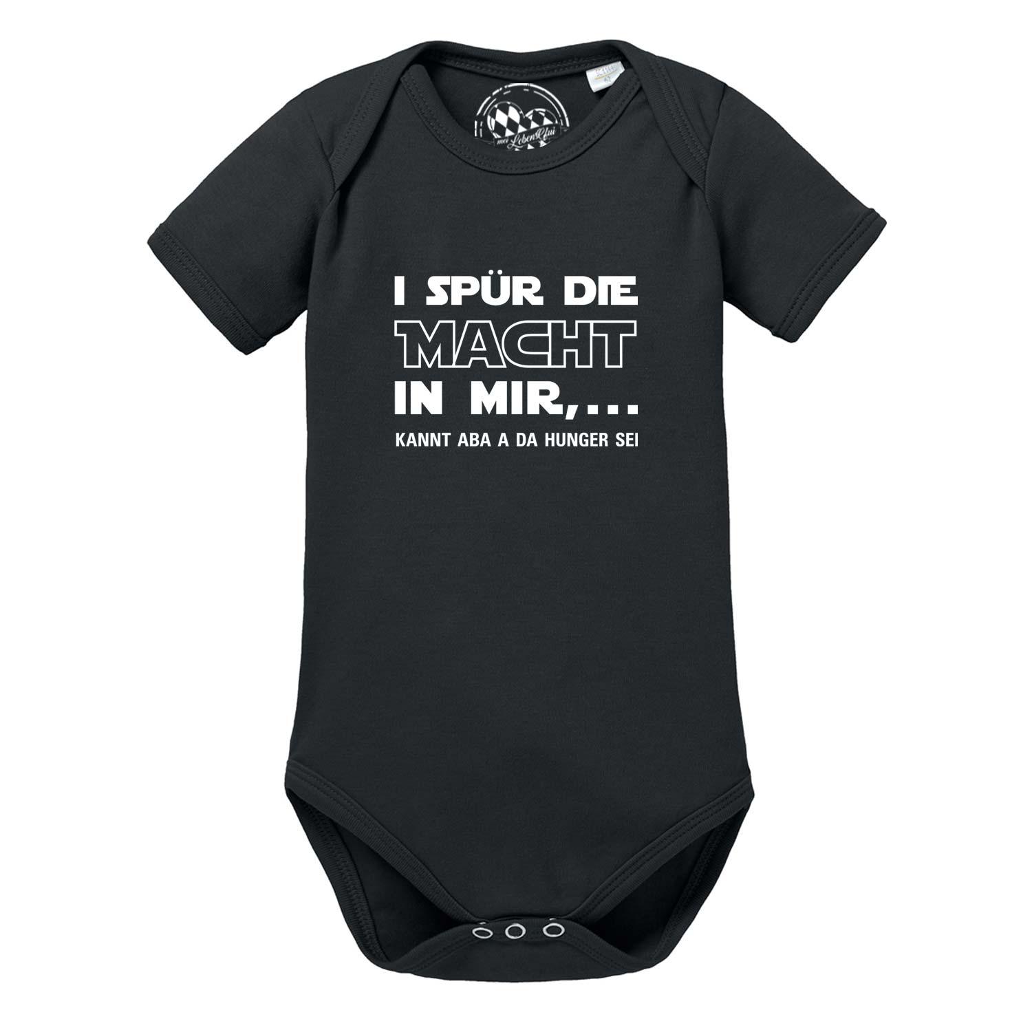 Hellgrauer Babybody mit kurzen Ärmeln, schwarzem Schriftzug „I spür die Macht…“ und weichem Baumwollstoff.