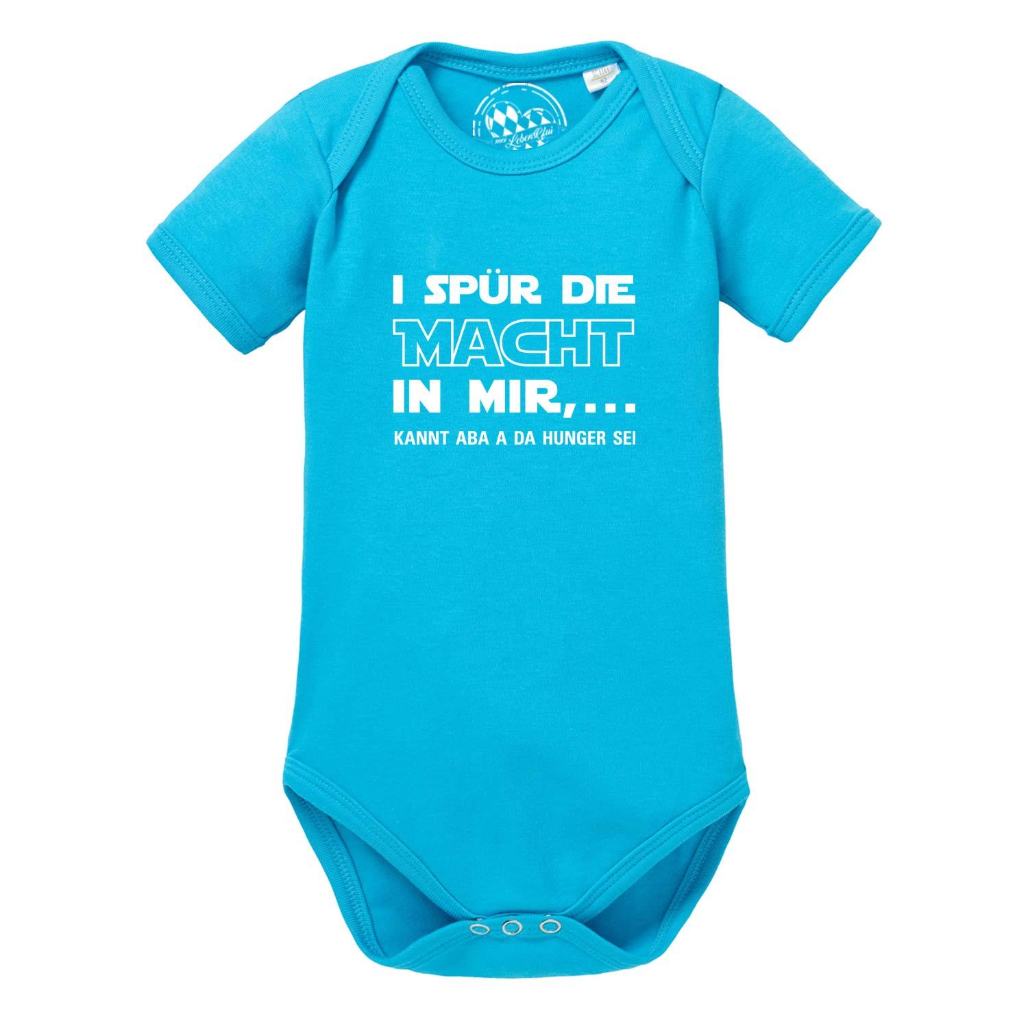 Weißer Babybody mit kurzem Arm, schwarzem Schriftzug „I spür die Macht…“ und gelbem Herzmotiv, aus Baumwolle.