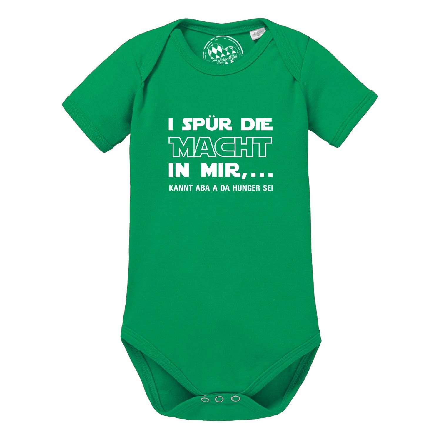 Hellgrauer Babybody mit kurzem Arm, schwarzem Frontdruck „I spür die Macht…“ und bayerischem Comic-Löwenmotiv aus Baumwolle.