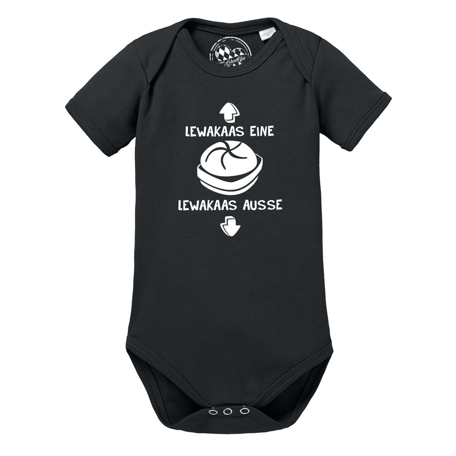 Weißer Babybody mit kurzem Arm, schwarzem Aufdruck „Lewakaas“ und Druckknöpfen im Schritt aus Baumwolle.