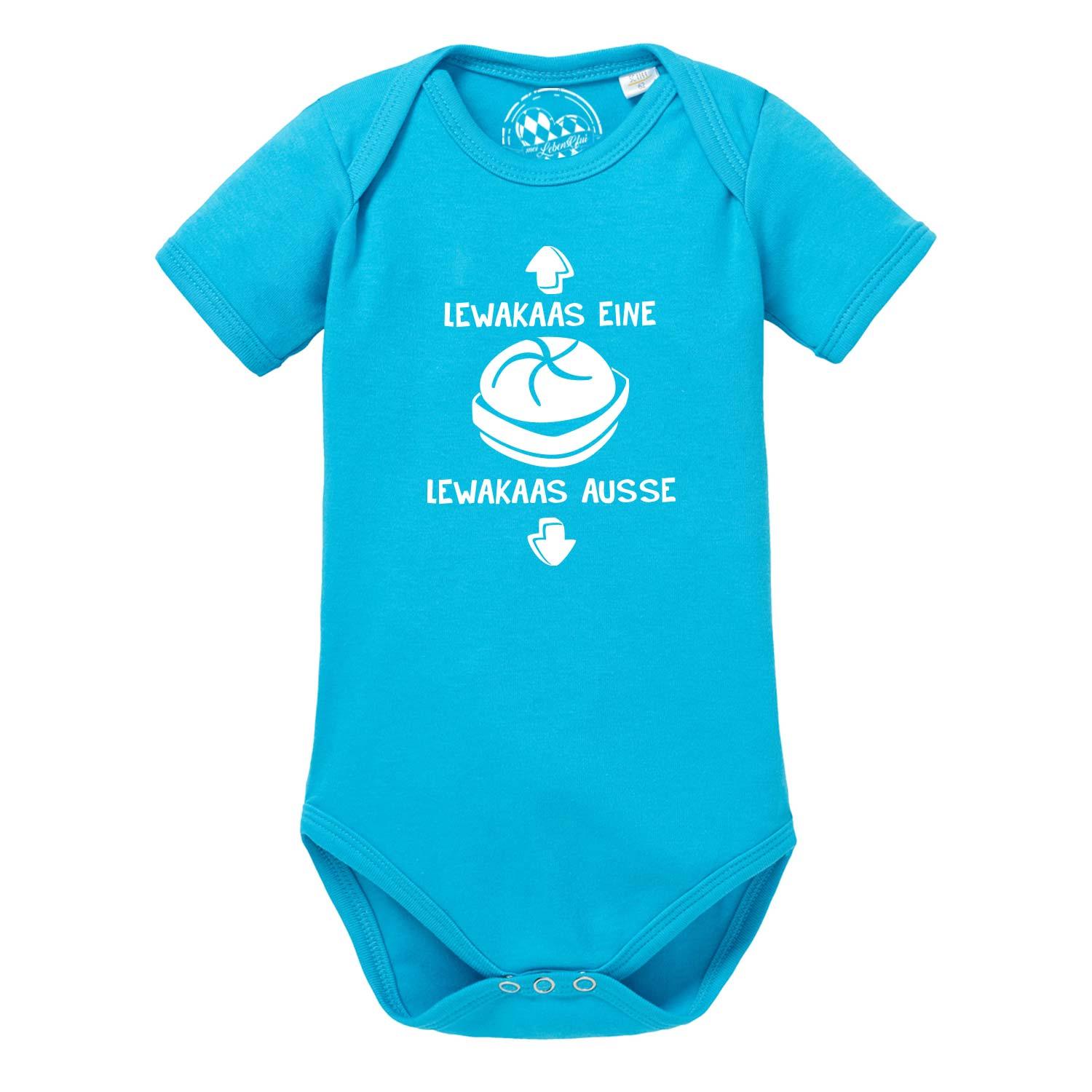 Weißer Babybody mit schwarzen Ärmeln, Front-Aufdruck „Lewakaas“ in Schreibschrift, weiche Baumwolle.