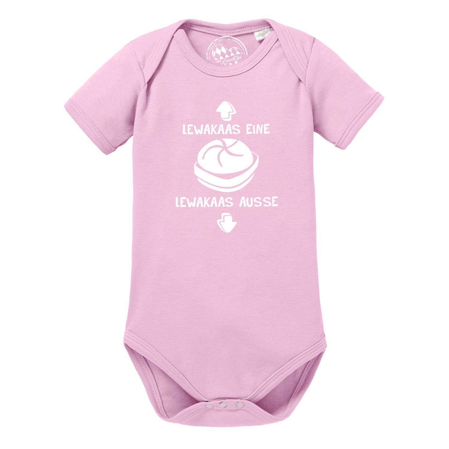 Weißer Babybody mit kurzem Arm, blauer Aufschrift „Lewakaas®“ und Herz-Detail vorn, aus weicher Baumwolle.