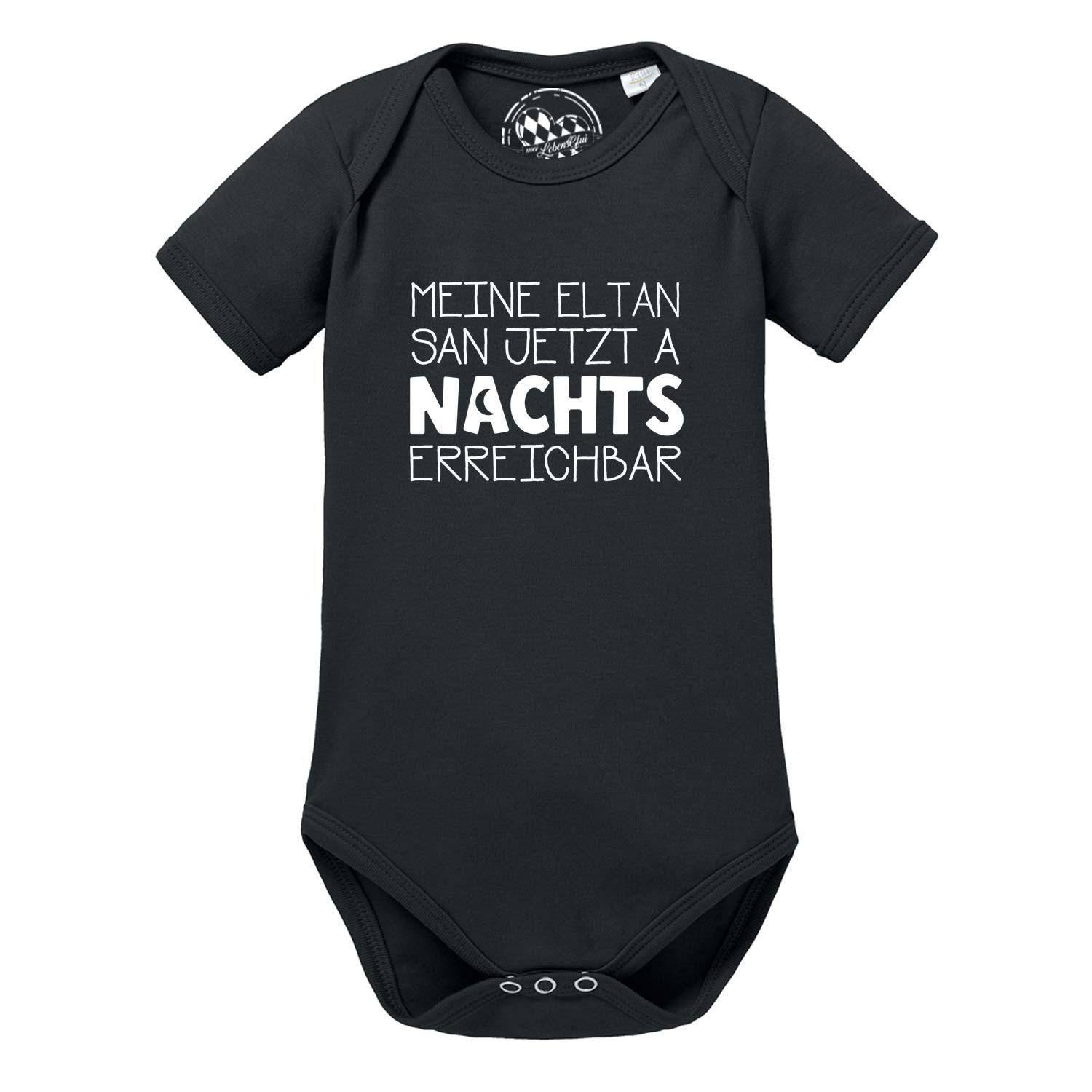 Schwarzer Baby Body "Nachts erreichbar!" mit lustigem Spruch in weißer Schrift, kurze Ärmel, Druckknöpfe im Schritt.