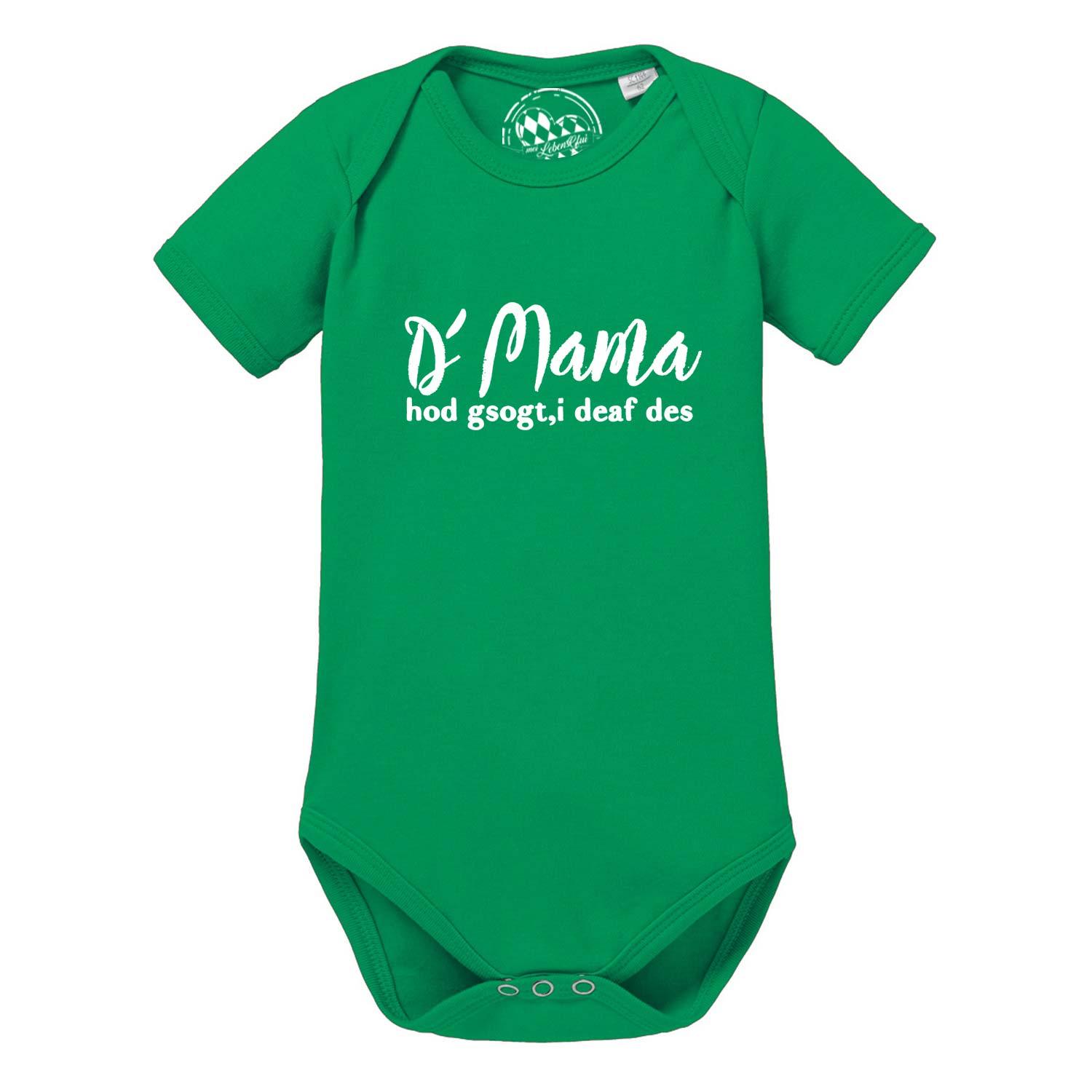 Hellgrauer Babybody mit kurzen Ärmeln, schwarzem Schriftzug „Mama sogt, i deaf des!“, runder Halsausschnitt, aus Baumwolle.