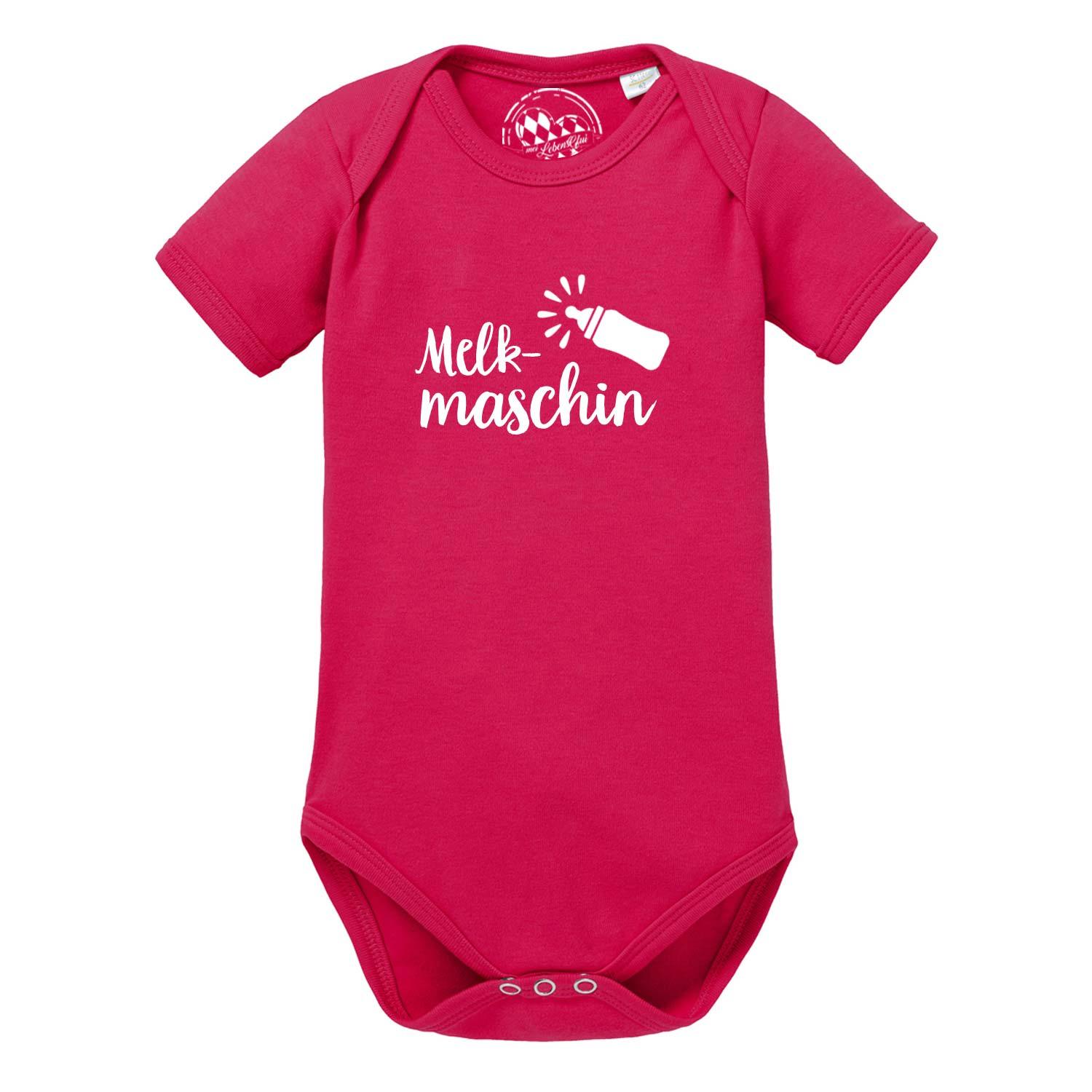Weißer Babybody mit kurzem Arm, schwarzem Herz-Motiv und Aufdruck "Melkmaschin" auf der Brust aus Baumwolle.
