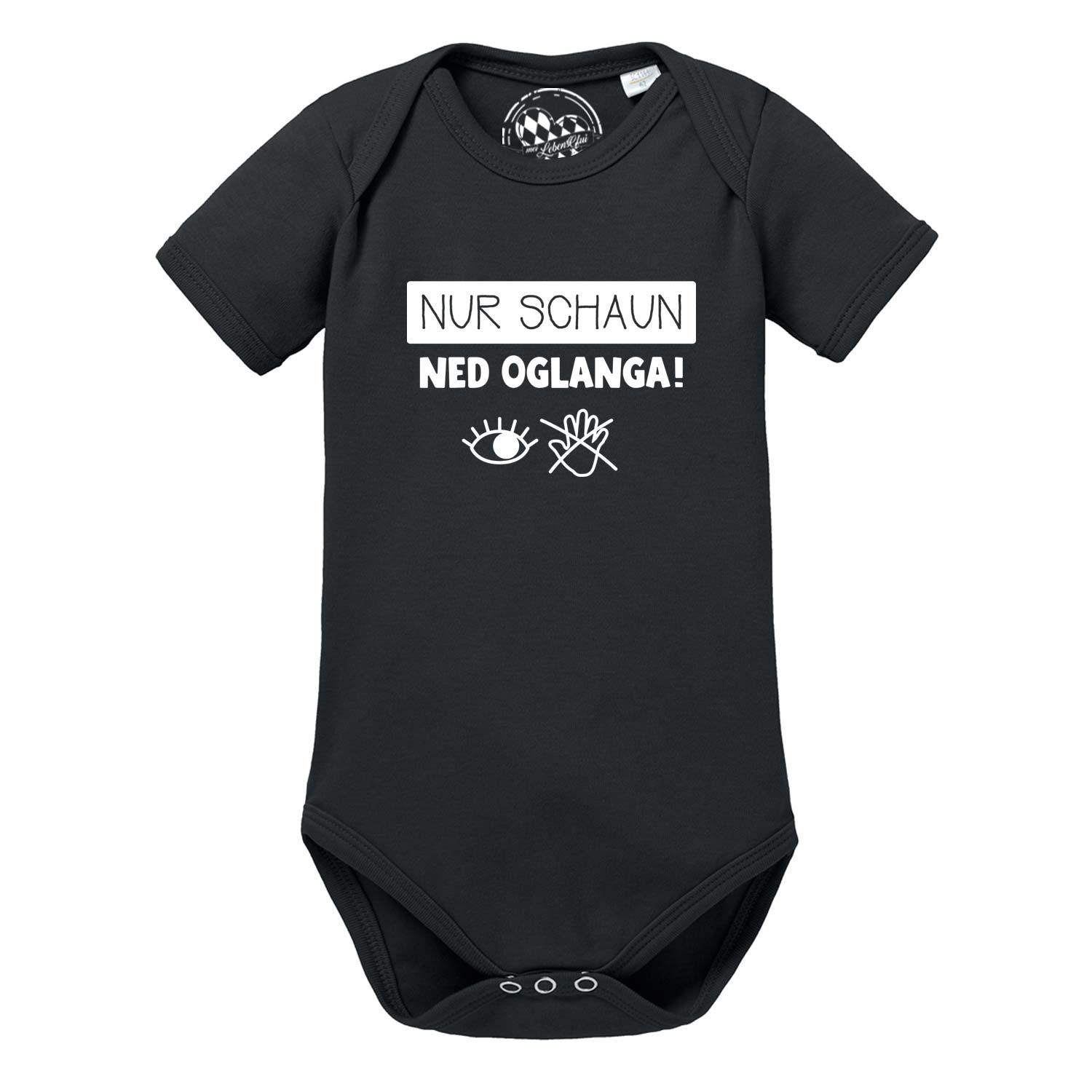 Hellgrauer Babybody mit kurzem Arm, schwarzem Schriftzug „Nur schaun, ned anga!“ und weichem Rundhalsausschnitt aus Baumwolle.