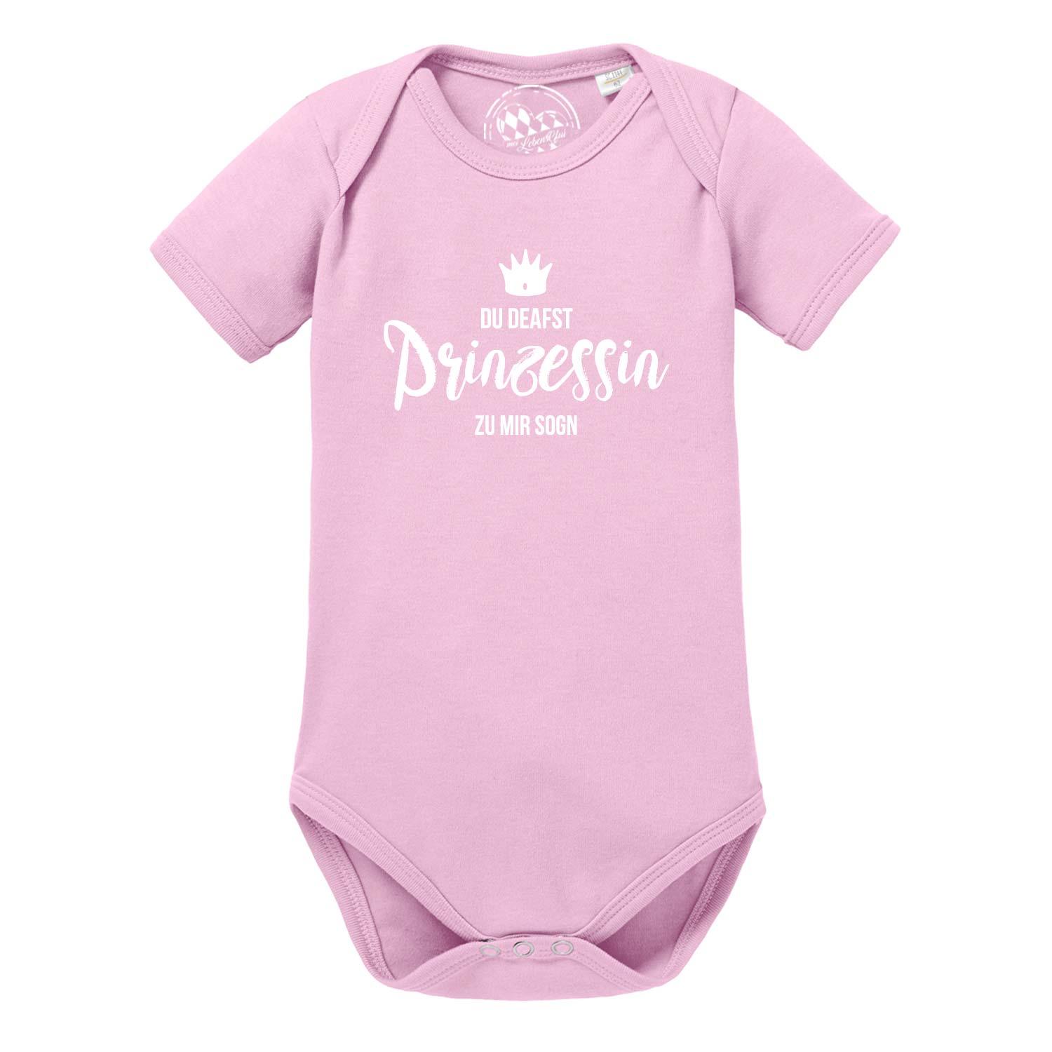 Weißer Babybody mit rosa Aufdruck „Prinzessin“, Herzchen-Motiv, kurzen Ärmeln und Rundhalsausschnitt; Baumwolle.