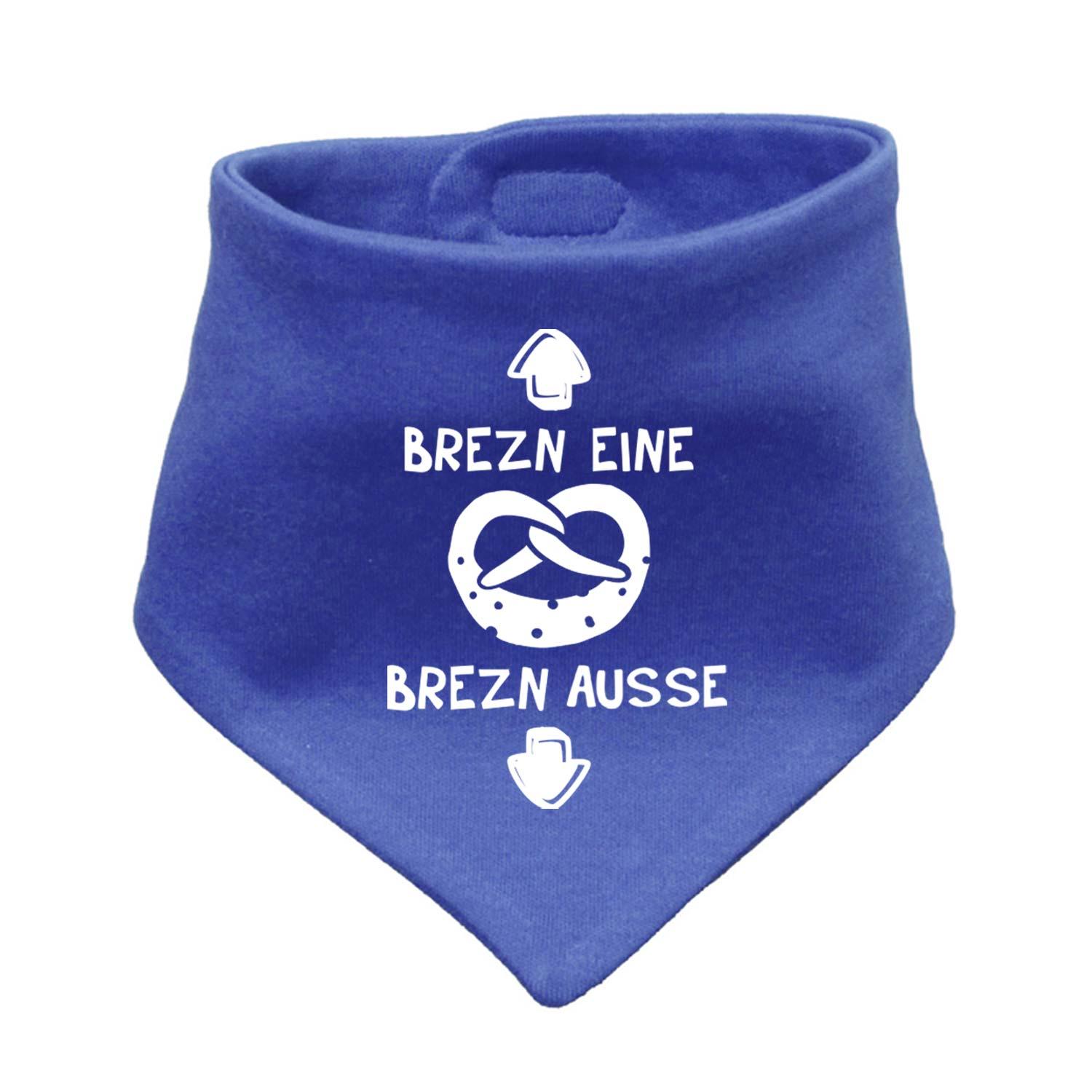 Blaues Babyhalstuch Brezn mit weißem Brezen-Design und Schriftzug Brezn eine, Brezn ausse für Babys