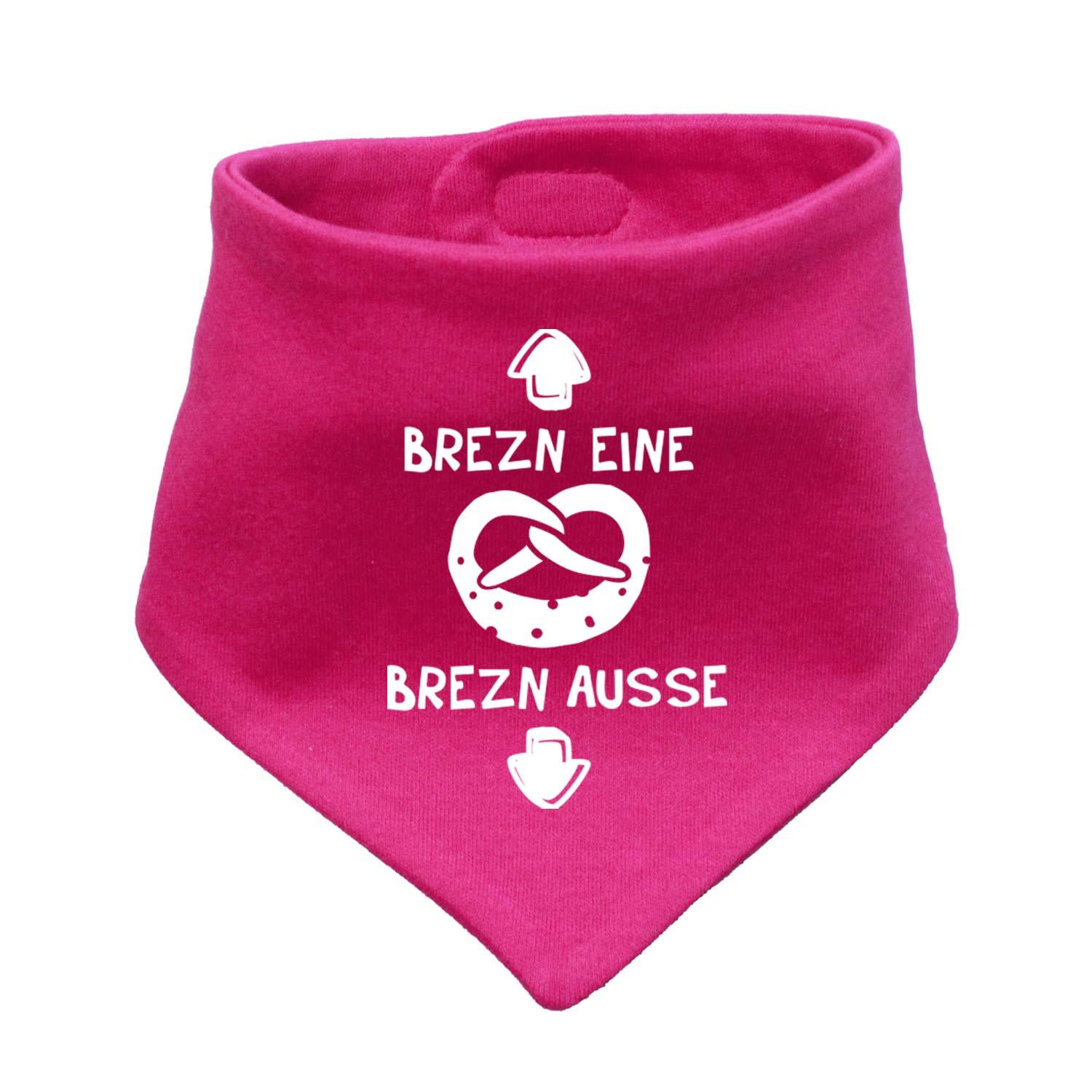 Fuchsia Babyhalstuch "Brezn" mit weißem Brezel-Motiv und Schriftzug BREZN EINE BREZN AUSSE.