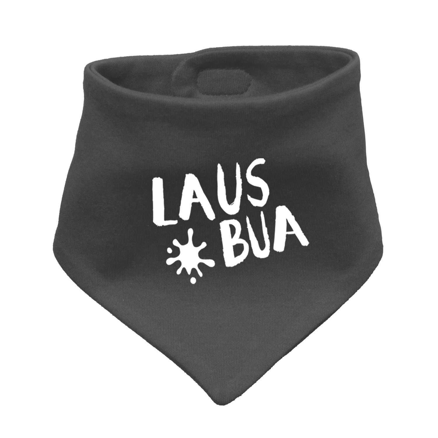 Graues Babyhalstuch Lausbua aus Baumwolle mit weißer Aufschrift und kleinen Spritzern.