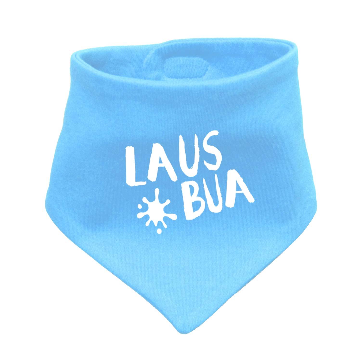 Hellblaues Babyhalstuch Lausbua aus Baumwolle mit weißen Schriftzug "Laus*Bua" und Stern-Fleck-Motiv.