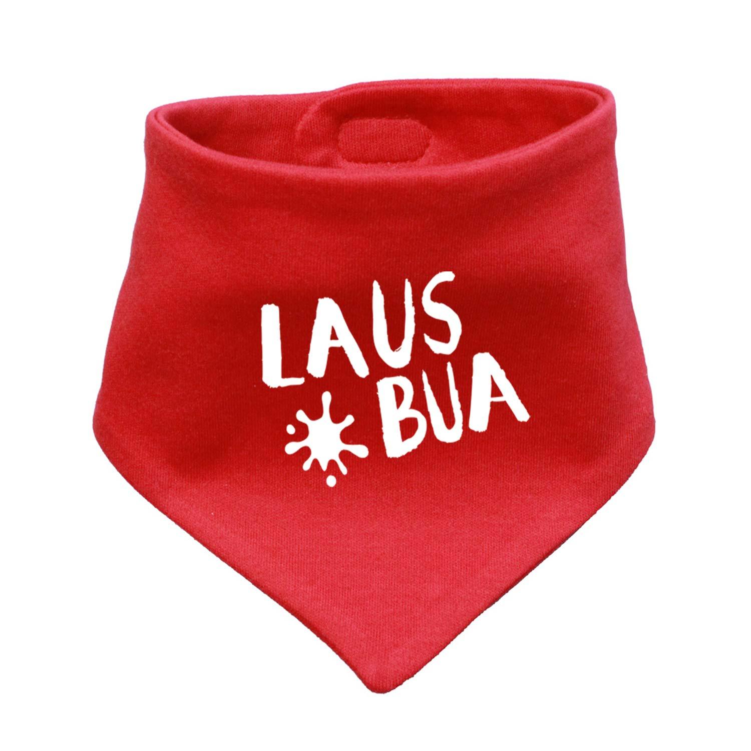Rotes Babyhalstuch "Lausbua" mit weißem Schriftzug und Sternen-Design, für Jungen und Mädchen.