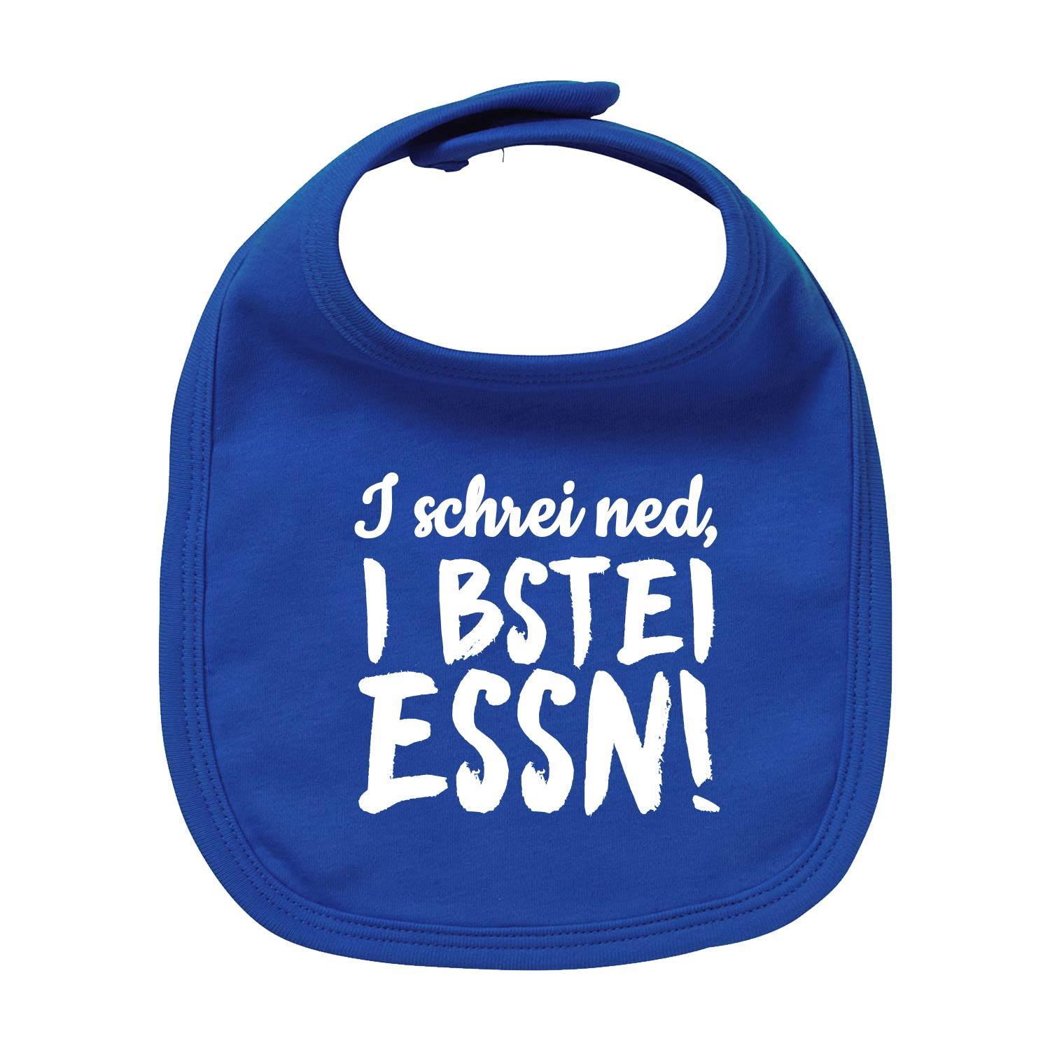 Lätzchen "I bstei Essn..." in intensivem Blau mit weißem, humorvollem bayerischem Spruch für Babys