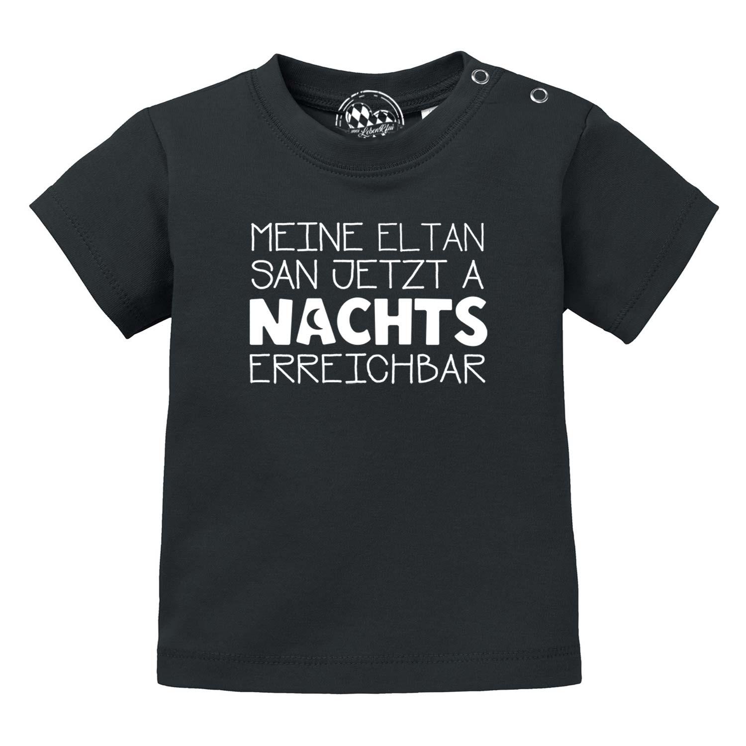 Schwarzes Baby T-Shirt "Nachts erreichbar!" mit weißem Print und Druckknöpfen an der Schulter für einfaches Anziehen.