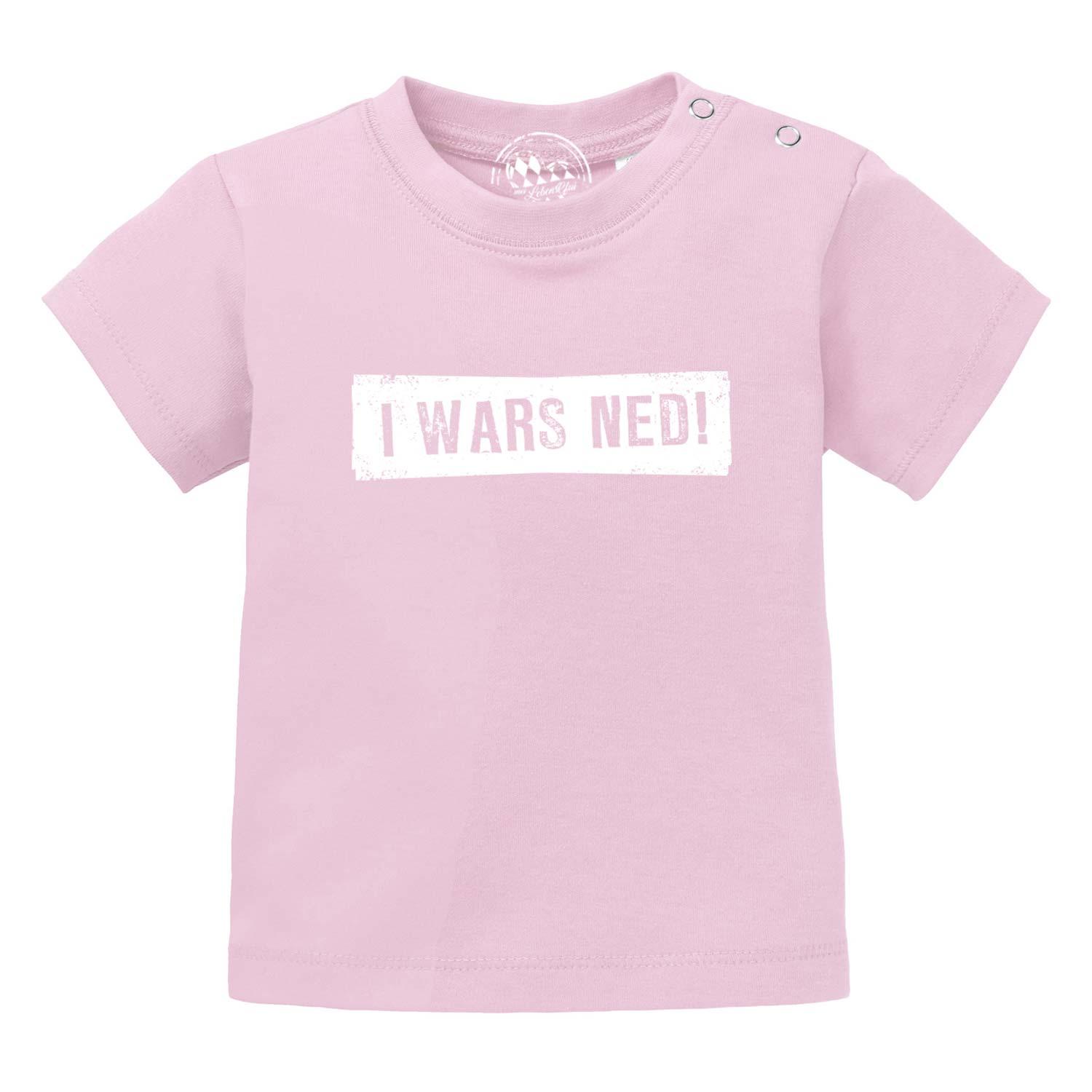 Baby T-Shirt "I wars ned!" in zartem Rosa mit weißem Spruch und praktischen Druckknöpfen an der Schulter.