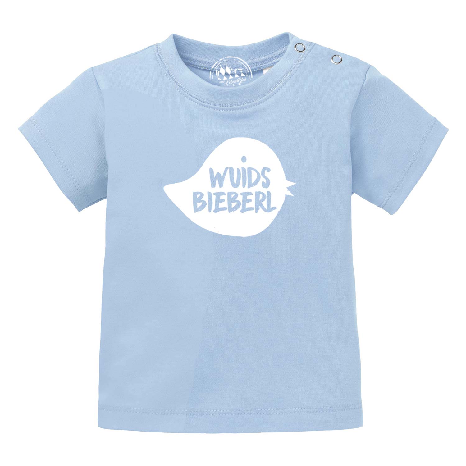 Babyhellblaues T-Shirt mit Aufdruck Wuids Bieberl in weiß, praktischen Druckknöpfen an der Schulter für einfaches An- und Ausziehen.