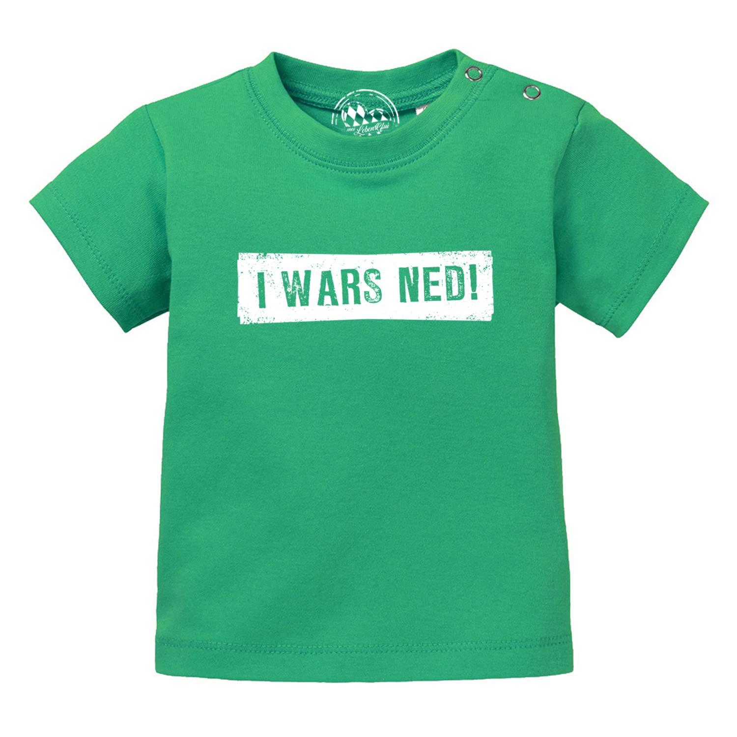Weißes Baby T-Shirt mit schwarzem Schriftzug „I wars ned!“, Rundhalsausschnitt, aus 100 % Bio-Baumwolle.
