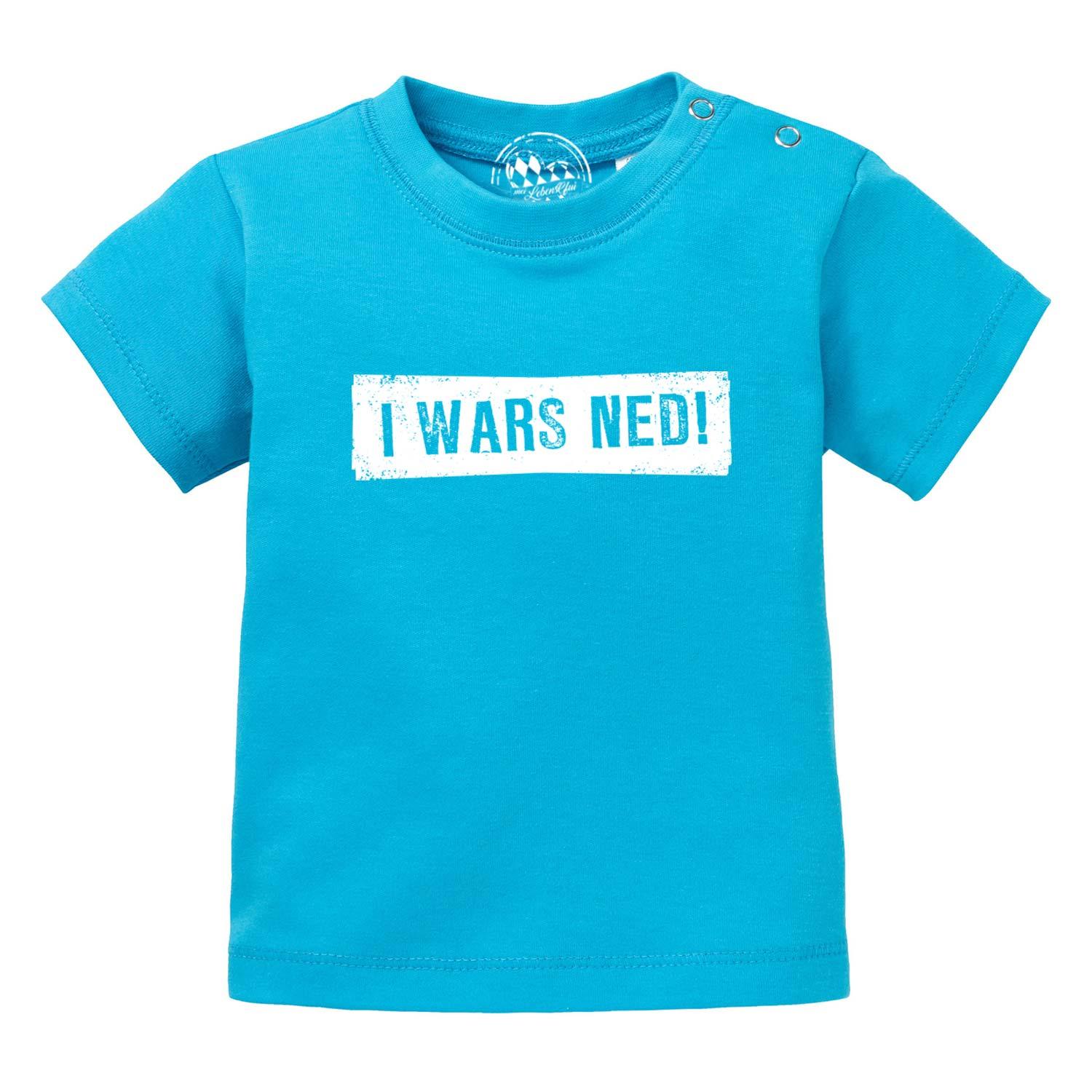 Baby-T-Shirt in Hellgrau mit schwarzem Aufdruck "I wars ned!", Rundhalsausschnitt, 100 % Bio-Baumwolle.