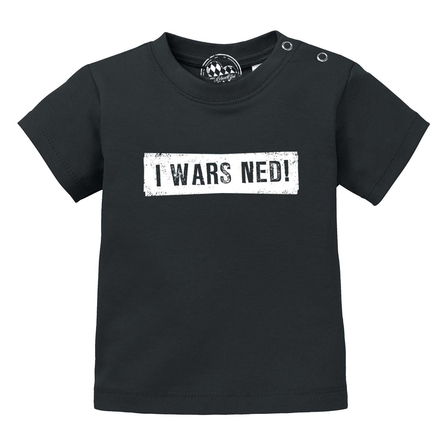 Weißes Baby-T-Shirt mit schwarzem Aufdruck „I wars ned!“, Rundhalsausschnitt, aus 100 % Bio-Baumwolle.