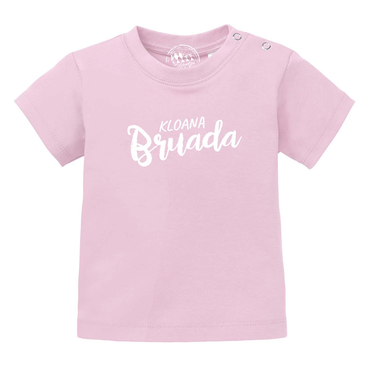 Weißes Baby-T-Shirt mit blauem Schriftzug "Kloana Bruada", Rundhalsausschnitt, Siebdruck auf Bio-Baumwolle.