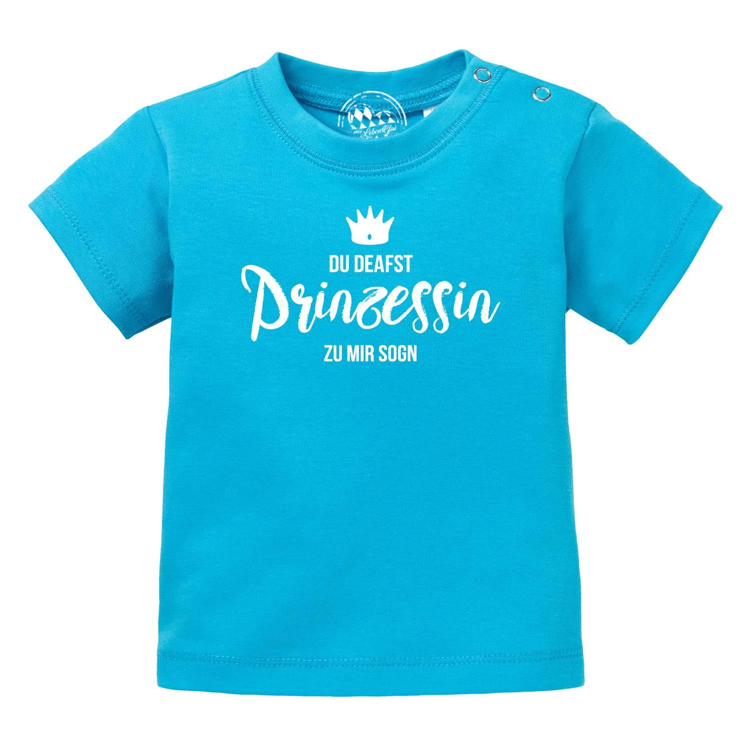 Rosa Baby-T-Shirt mit weißem Schriftzug „Prinzessin“, rundem Halsausschnitt, aus 100 % Bio-Baumwolle.