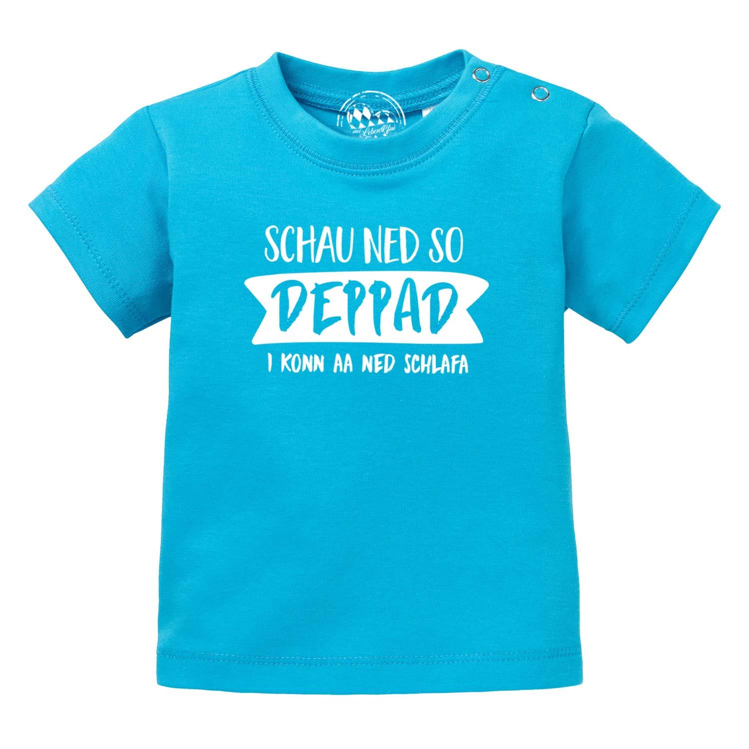 Baby T-Shirt mit Aufdruck „Schau ned so...“, Rundhalsausschnitt, aus 100 % Bio-Baumwolle, Siebdruck.